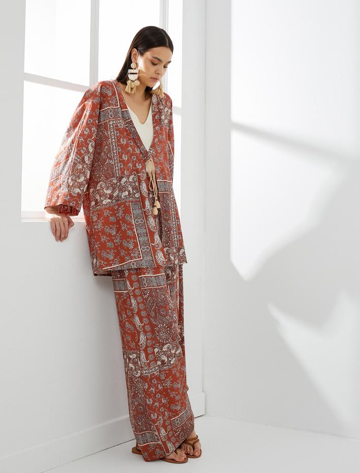  Kimono Etnik Desenli Bağlama Detaylı Viskon
