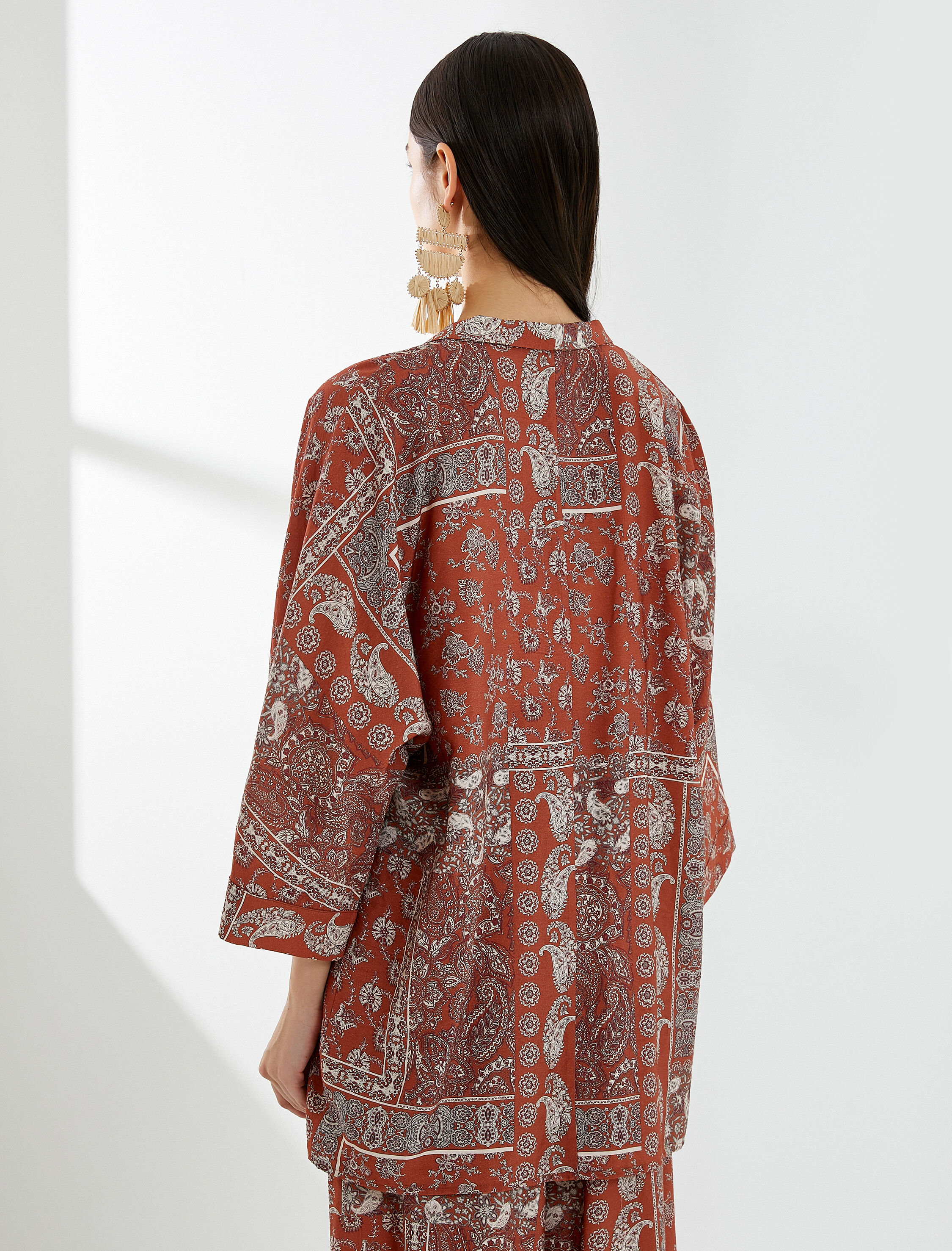   Kimono Etnik Desenli Bağlama Detaylı Viskon