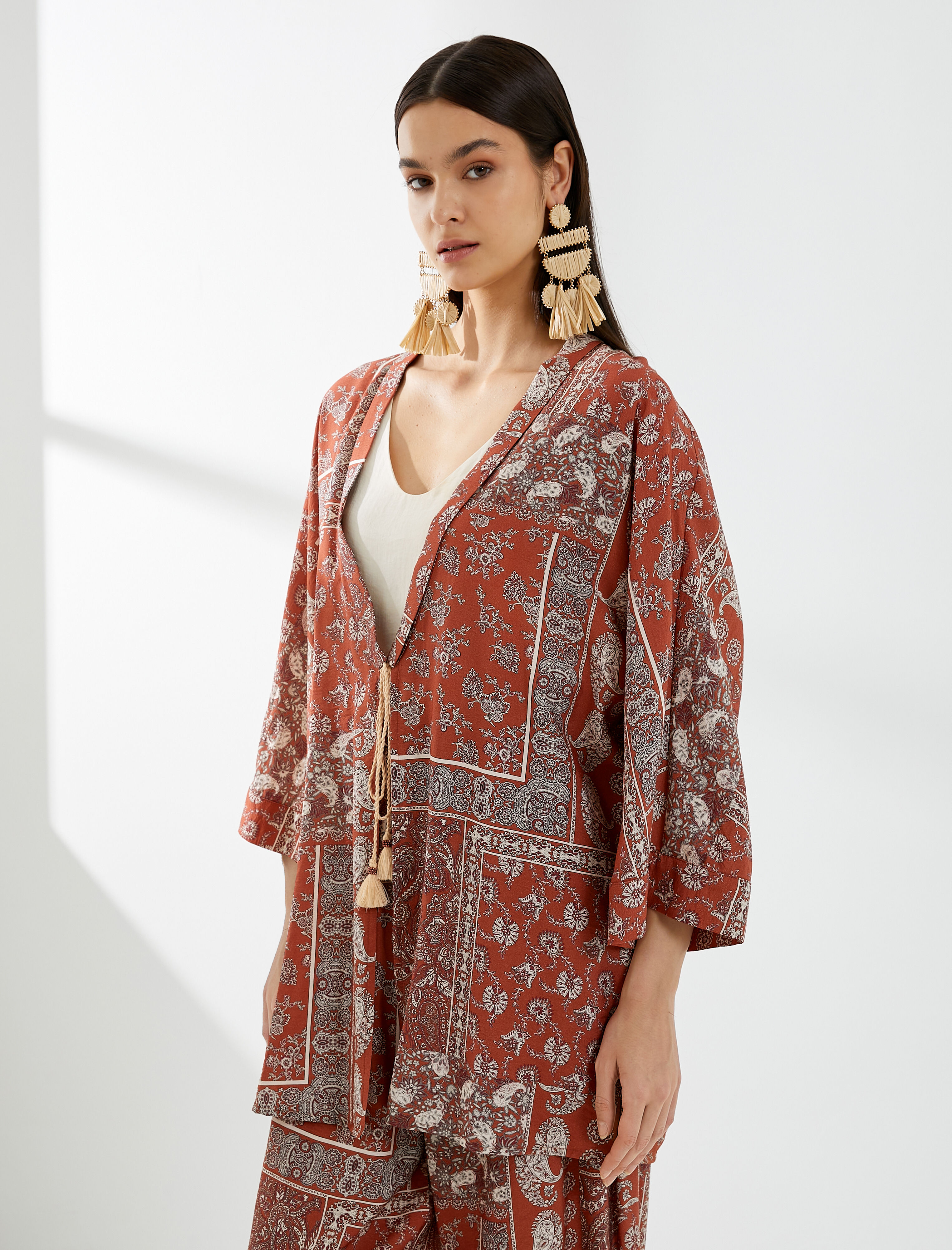   Kimono Etnik Desenli Bağlama Detaylı Viskon