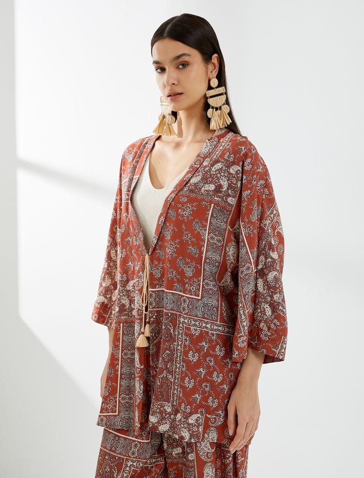  Kimono Etnik Desenli Bağlama Detaylı Viskon