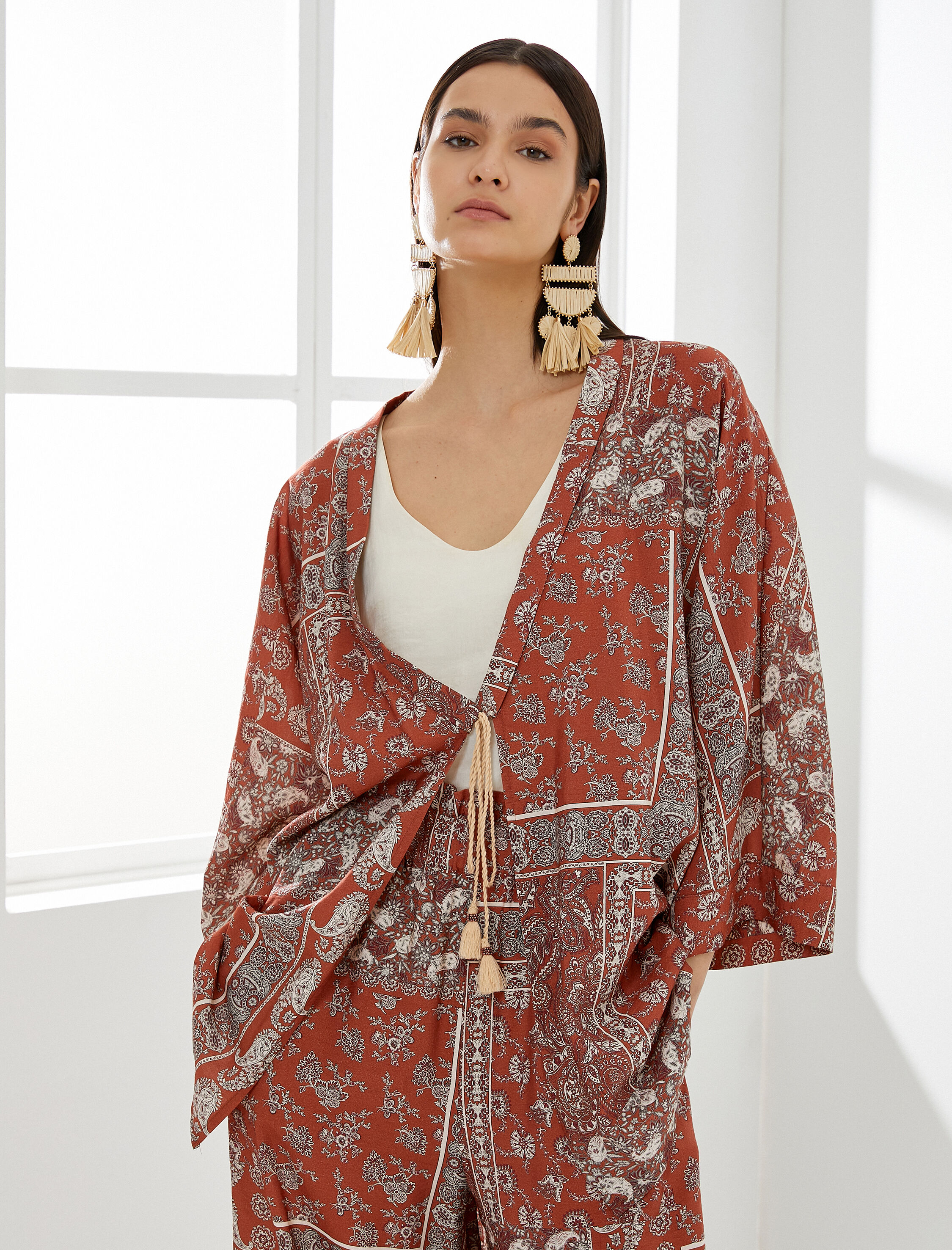   Kimono Etnik Desenli Bağlama Detaylı Viskon