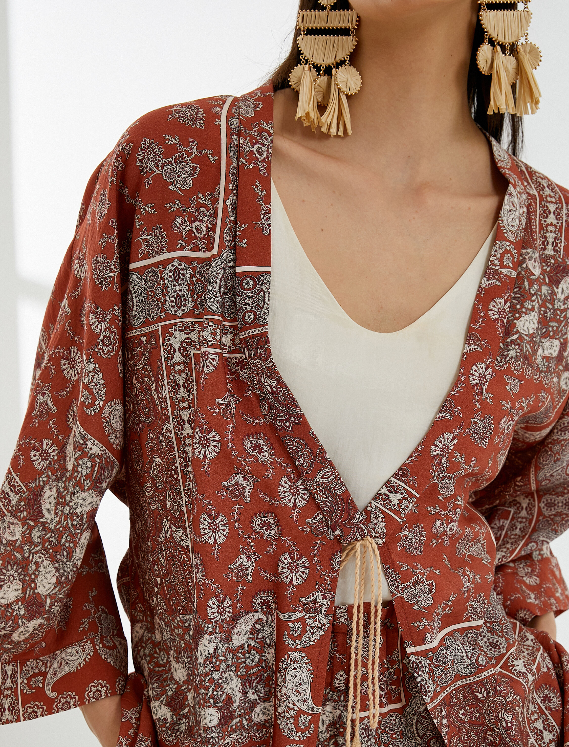   Kimono Etnik Desenli Bağlama Detaylı Viskon