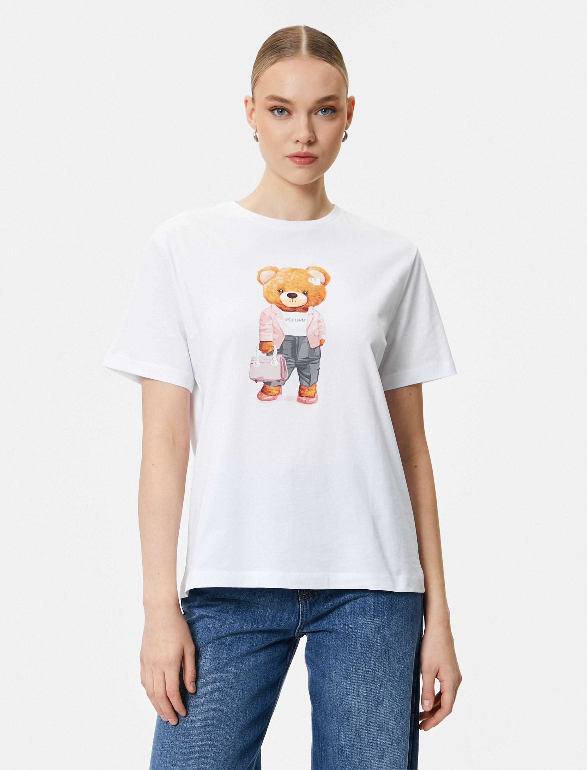   Ayıcık Baskılı Tişört Bisiklet Yaka Kısa Kollu Pamuklu