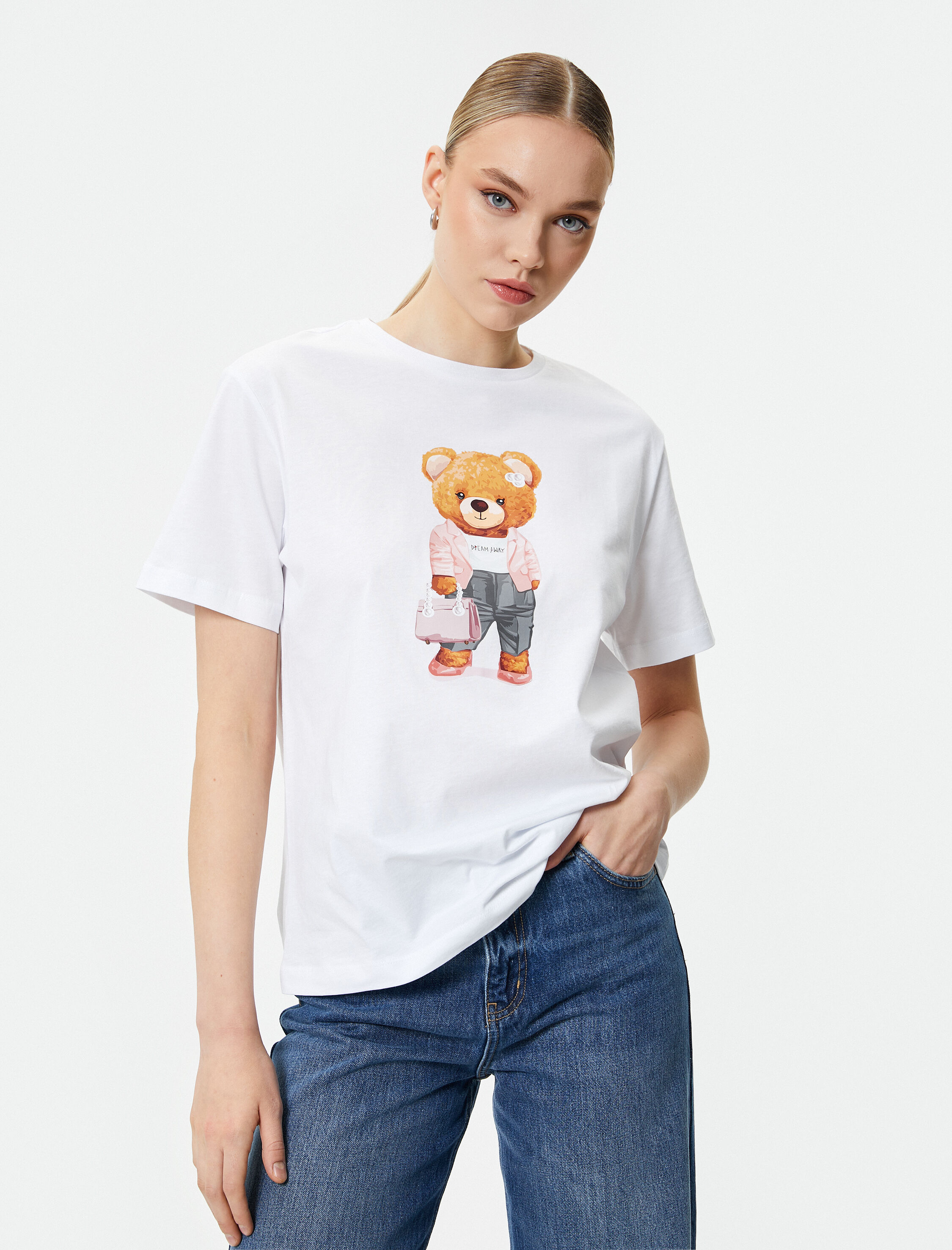   Ayıcık Baskılı Tişört Bisiklet Yaka Kısa Kollu Pamuklu