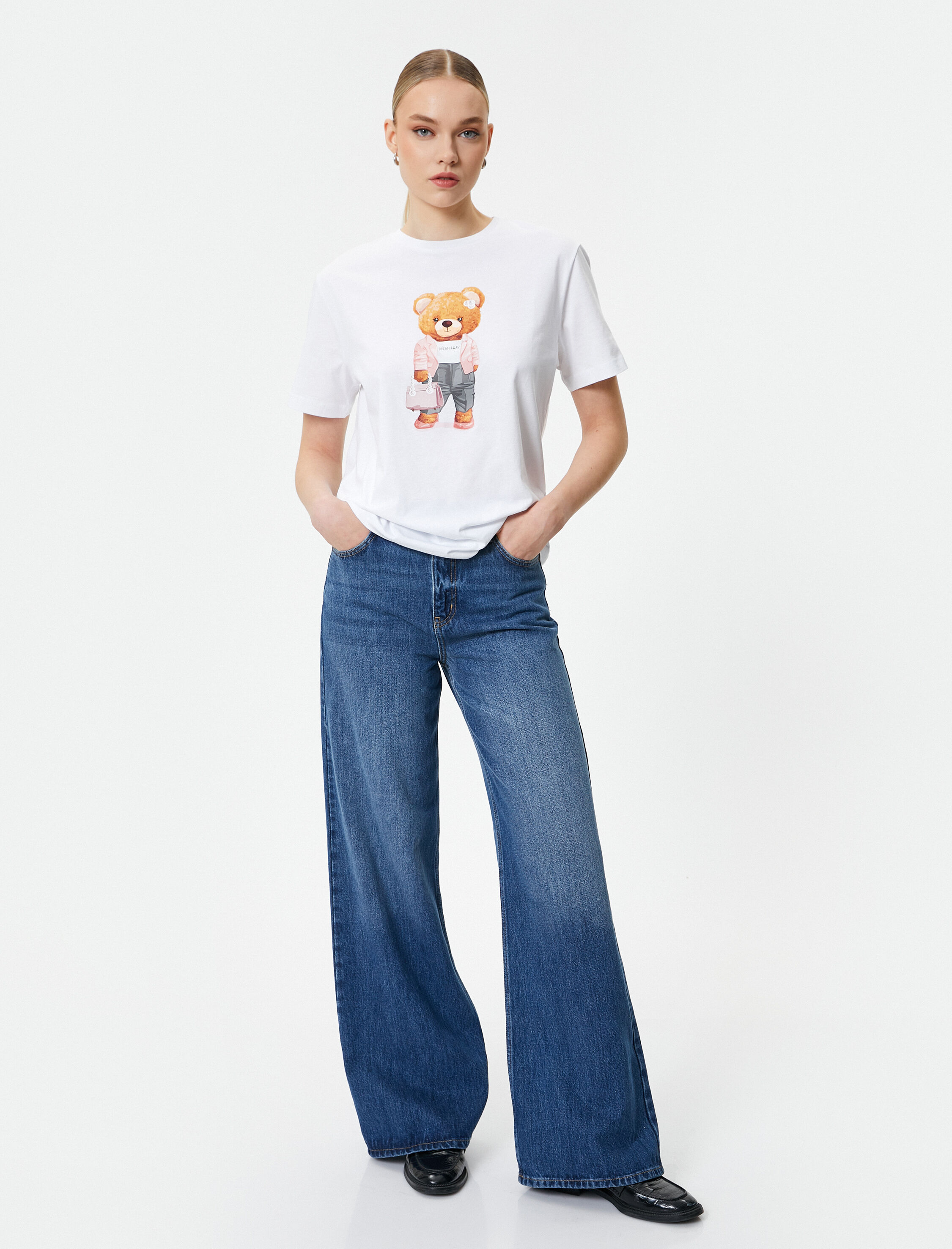   Ayıcık Baskılı Tişört Bisiklet Yaka Kısa Kollu Pamuklu