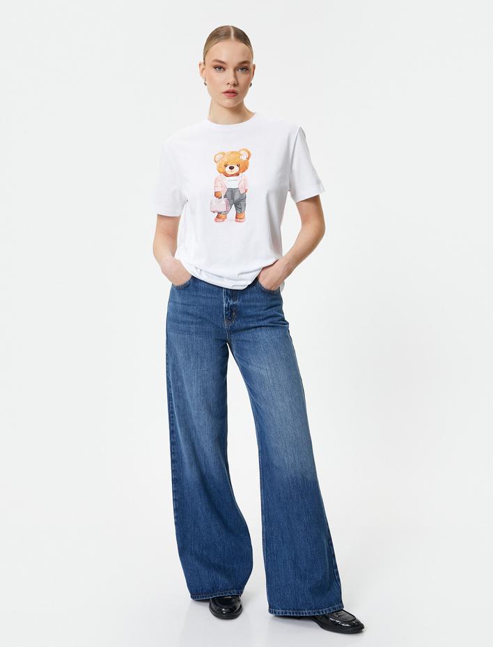  Ayıcık Baskılı Tişört Bisiklet Yaka Kısa Kollu Pamuklu