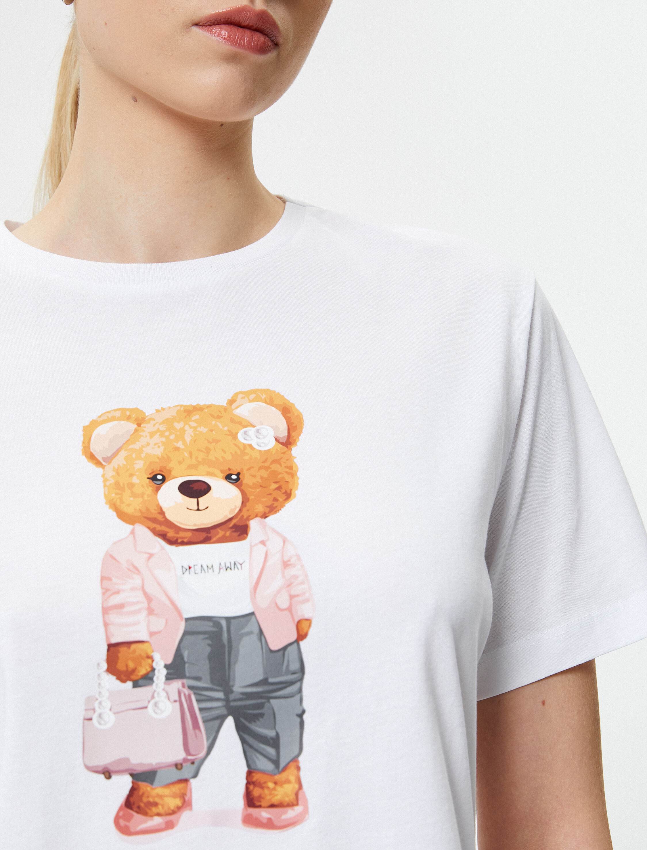   Ayıcık Baskılı Tişört Bisiklet Yaka Kısa Kollu Pamuklu