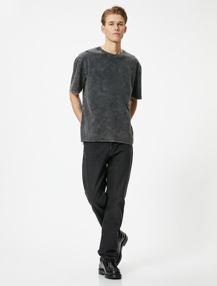  Oversize Tişört Yıkamalı Bisiklet Yaka Kısa Kollu