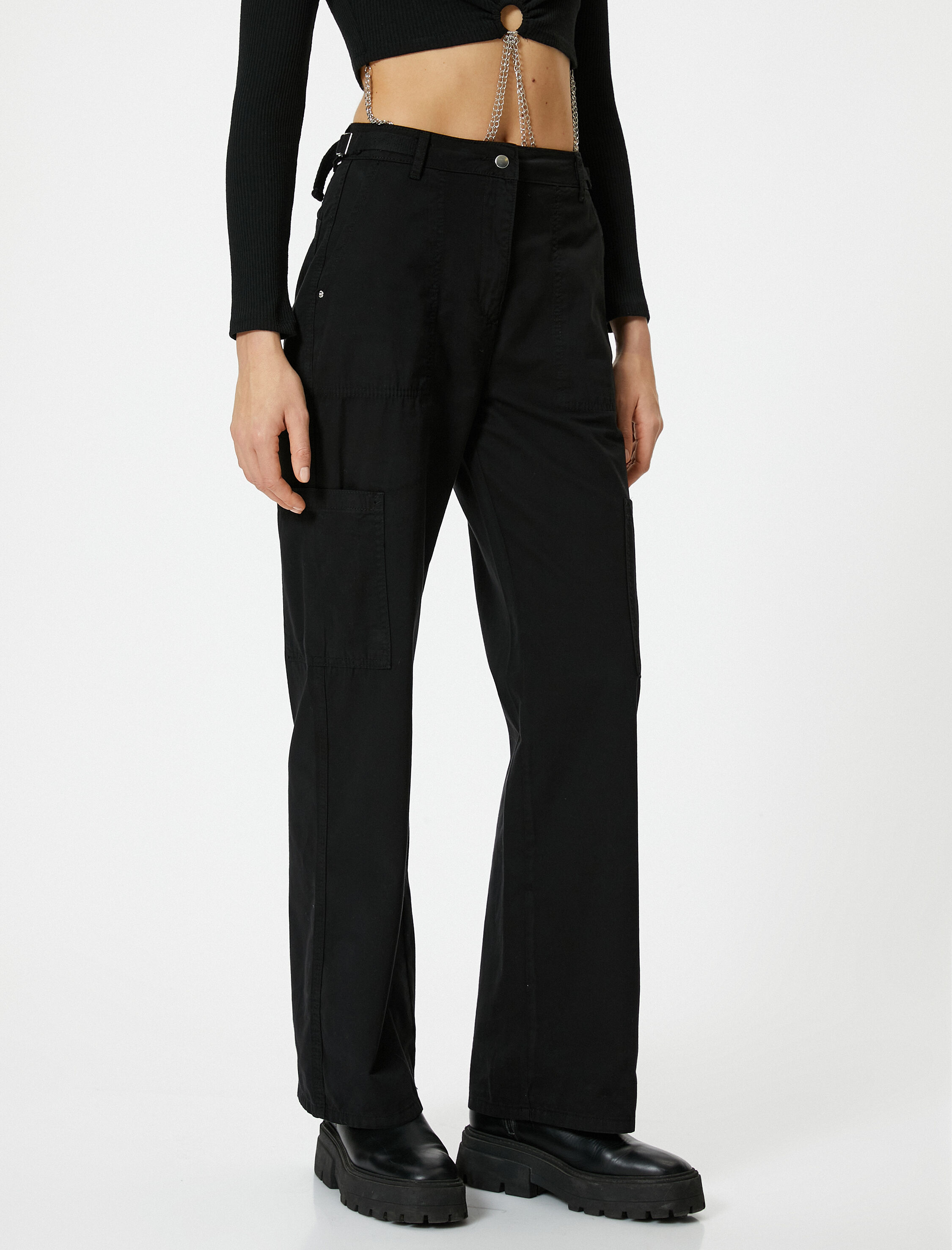   Bol Paça Pantolon Yüksek Bel Cep Detaylı