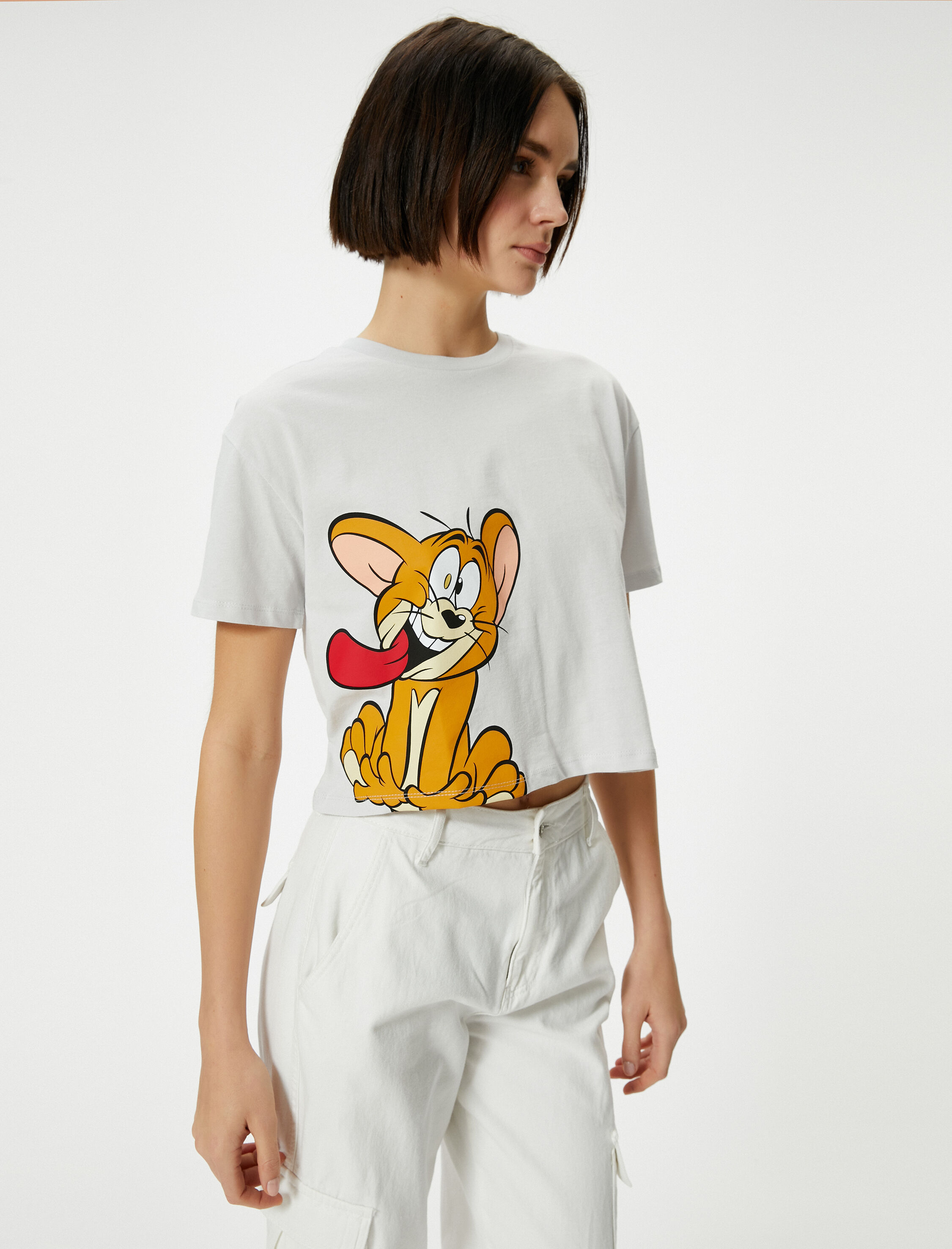   Crop Tom ve Jerry Tişört Lisanslı Kısa Kollu Bisiklet Yaka Pamuklu