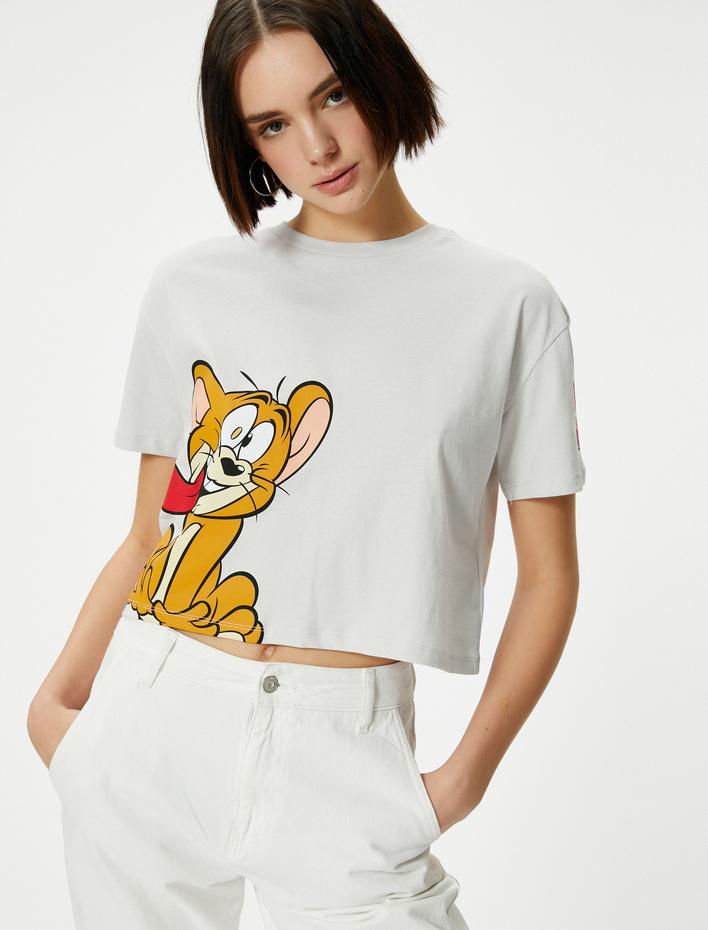  Crop Tom ve Jerry Tişört Lisanslı Kısa Kollu Bisiklet Yaka Pamuklu