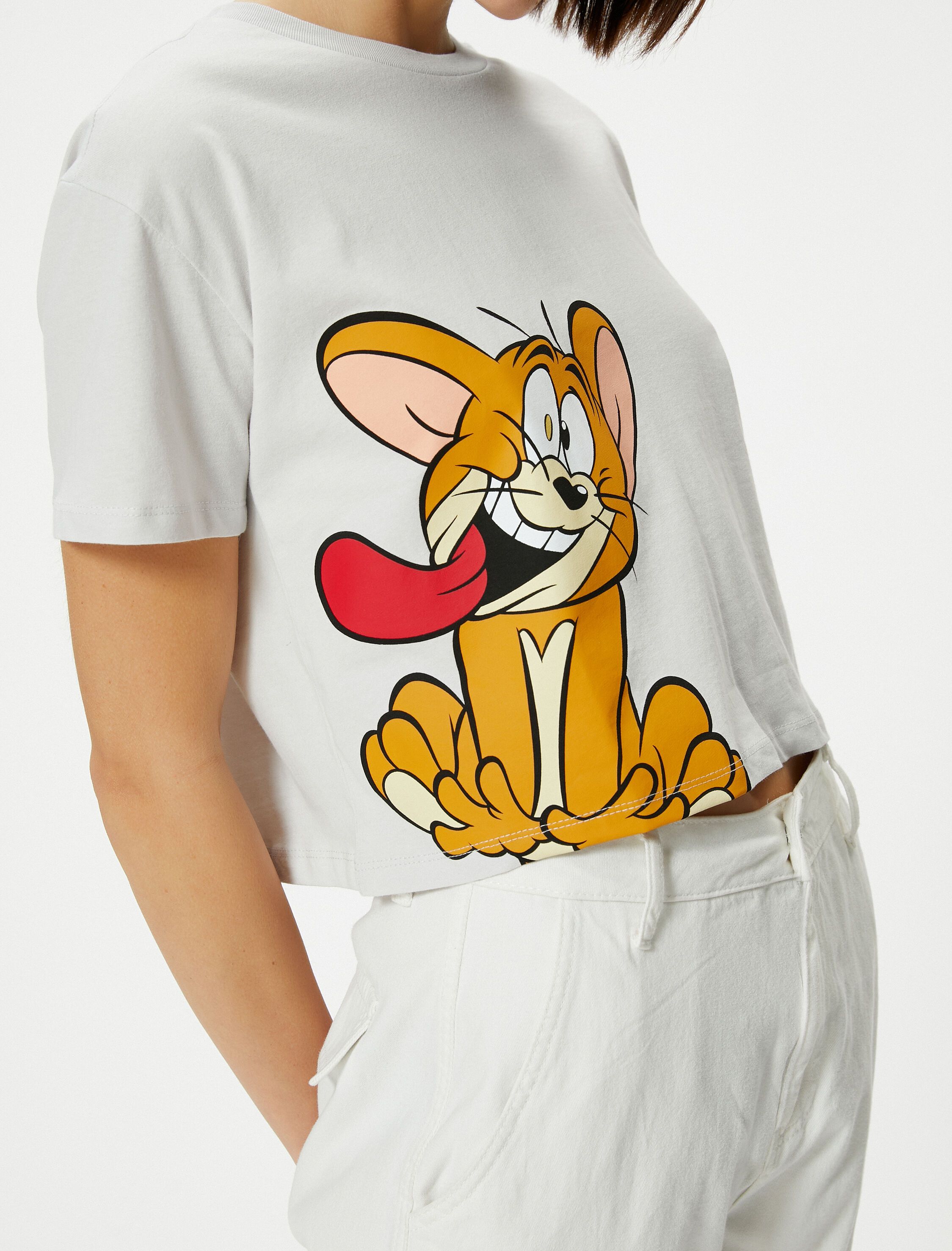   Crop Tom ve Jerry Tişört Lisanslı Kısa Kollu Bisiklet Yaka Pamuklu