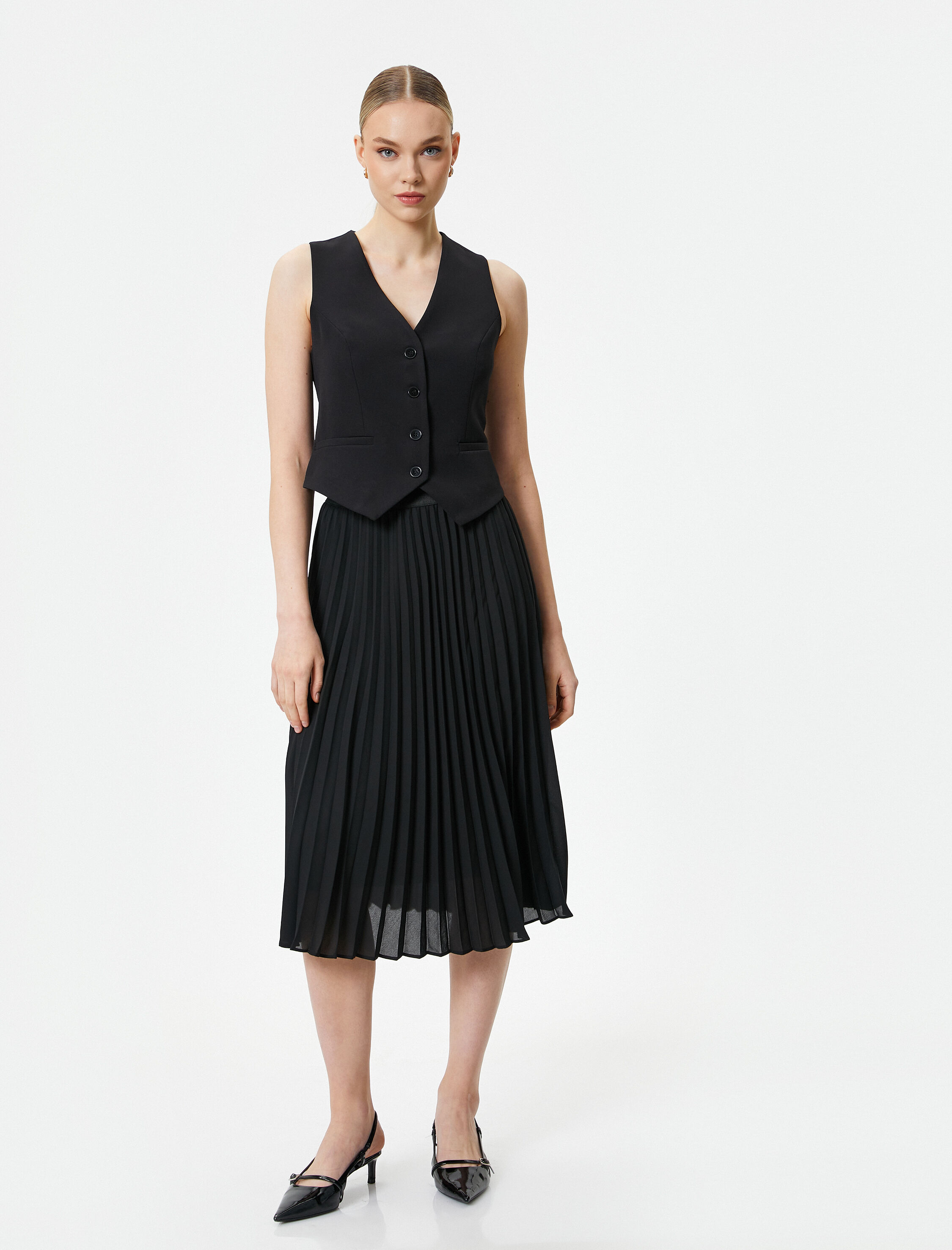   Midi Pileli Etek Normal Bel