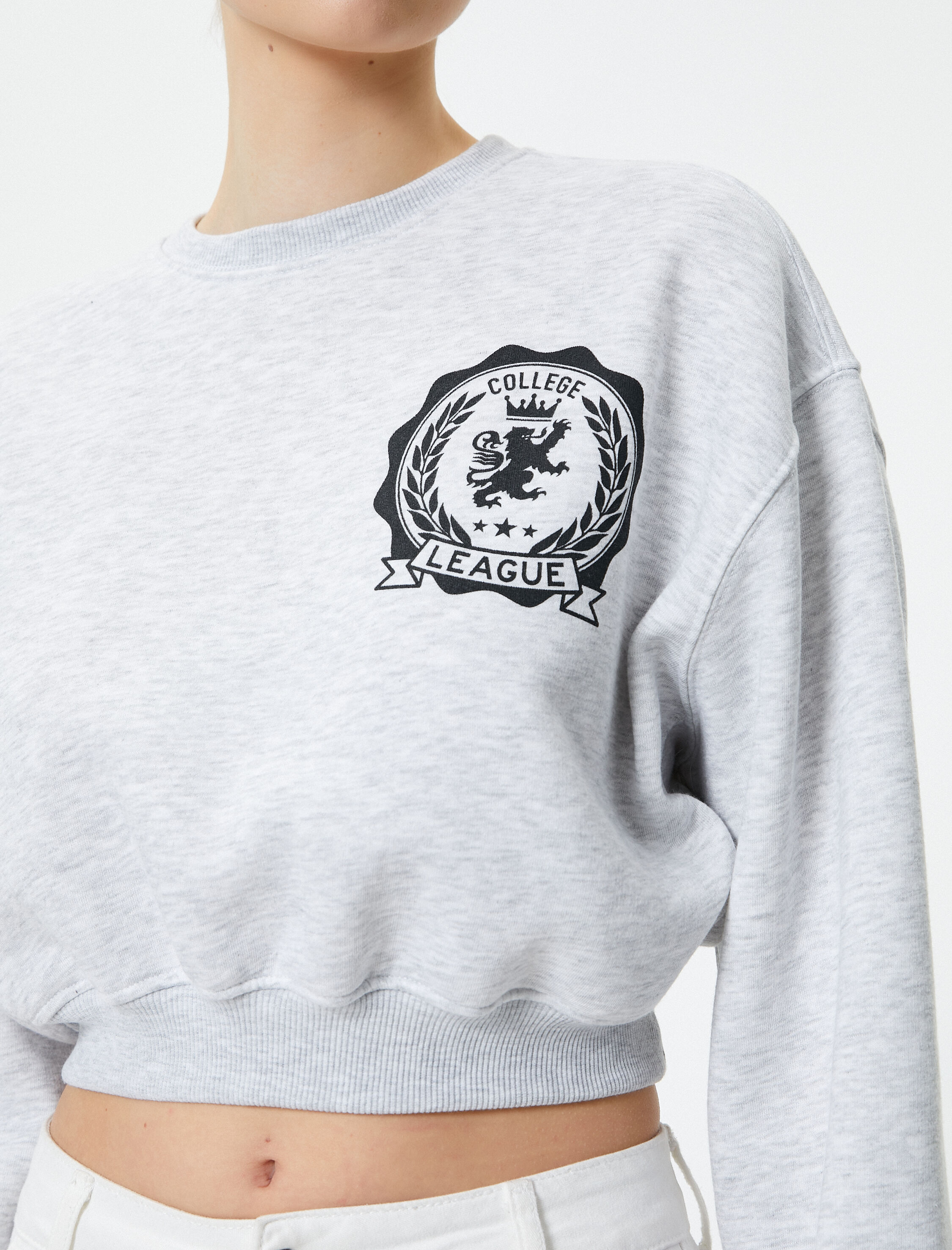   Crop Sweatshirt Bisiklet Yaka Baskılı Üç İplik Şardonlu