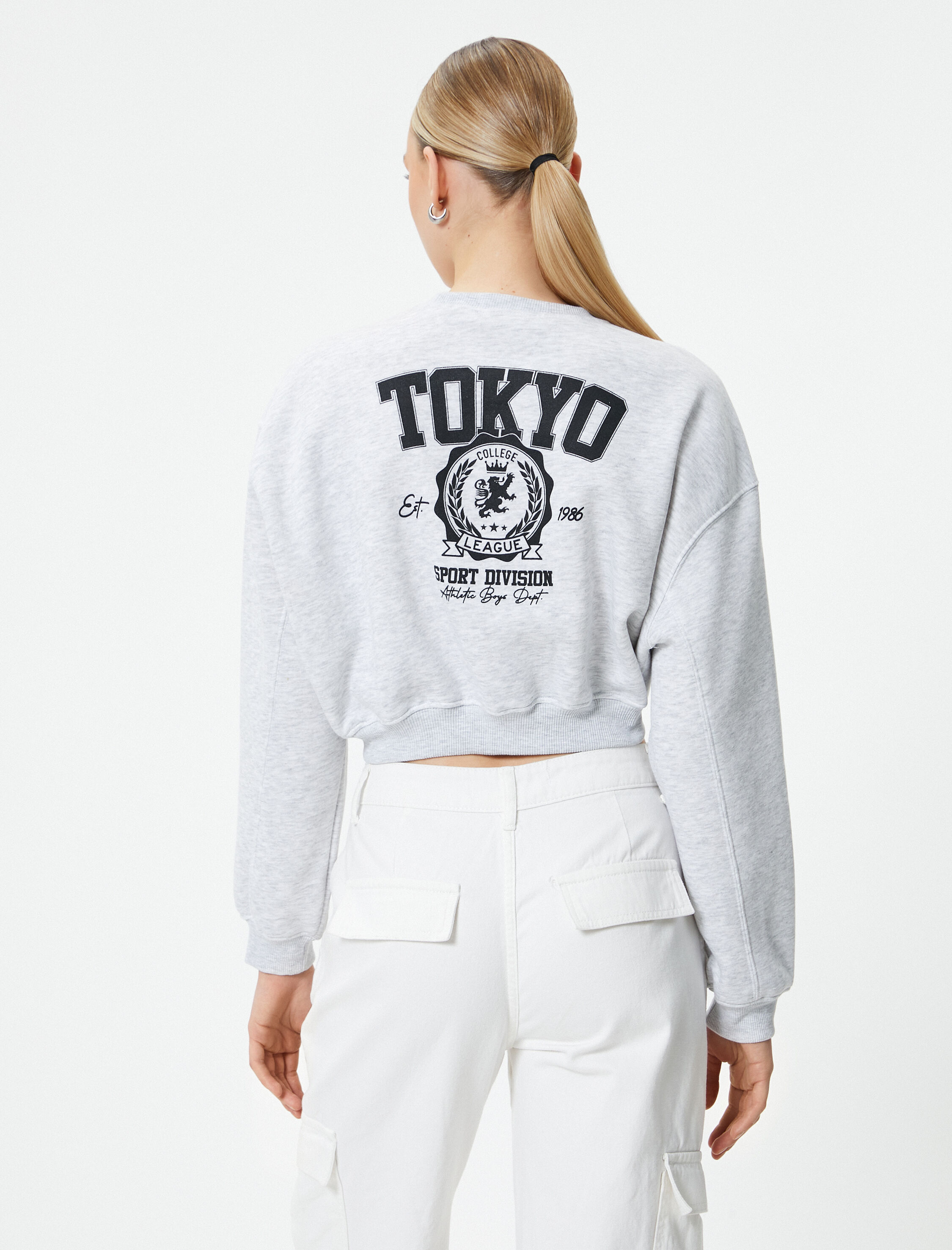   Crop Sweatshirt Bisiklet Yaka Baskılı Üç İplik Şardonlu