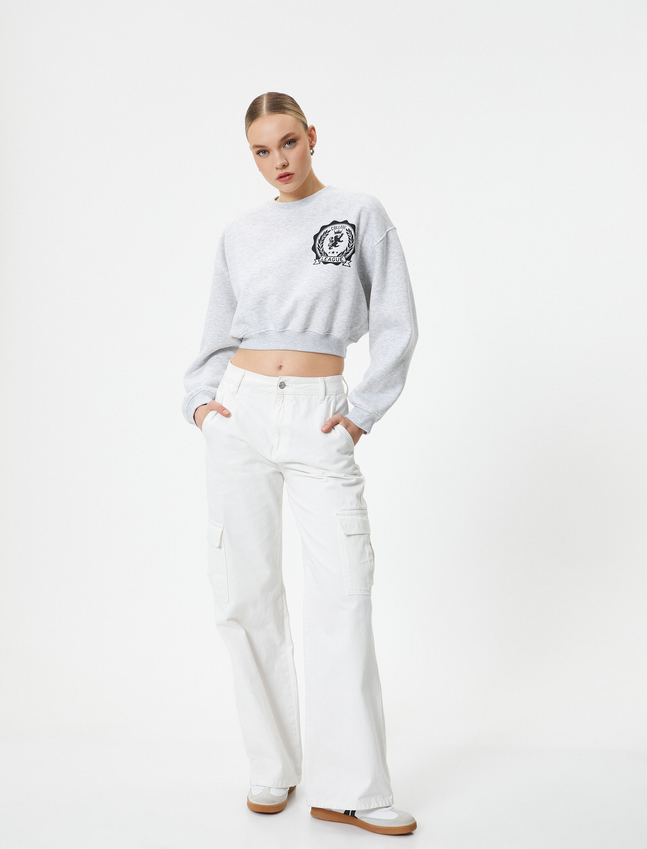   Crop Sweatshirt Bisiklet Yaka Baskılı Üç İplik Şardonlu