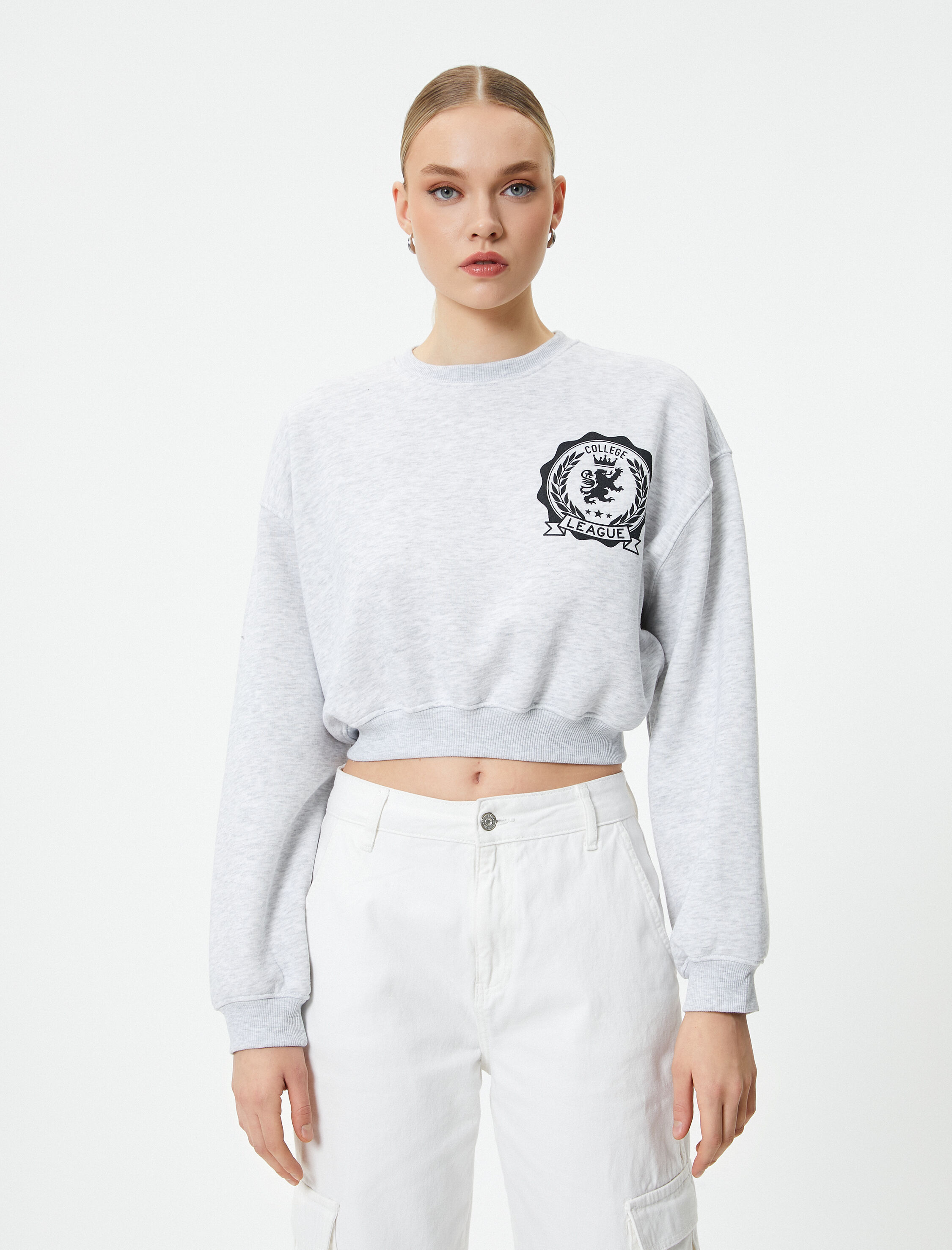   Crop Sweatshirt Bisiklet Yaka Baskılı Üç İplik Şardonlu