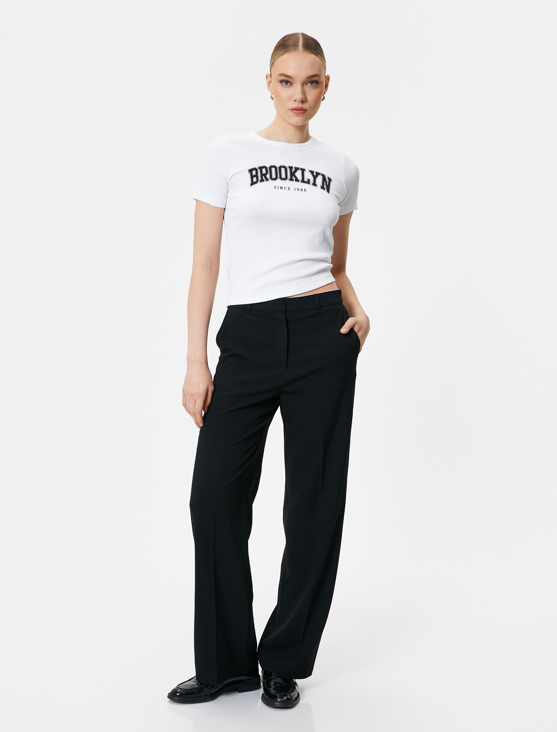   Brooklyn Baskılı Tişört Slim Fit Kısa Kollu Bisiklet Yaka Pamuklu