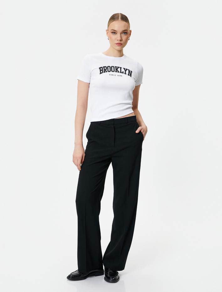  Brooklyn Baskılı Tişört Slim Fit Kısa Kollu Bisiklet Yaka Pamuklu