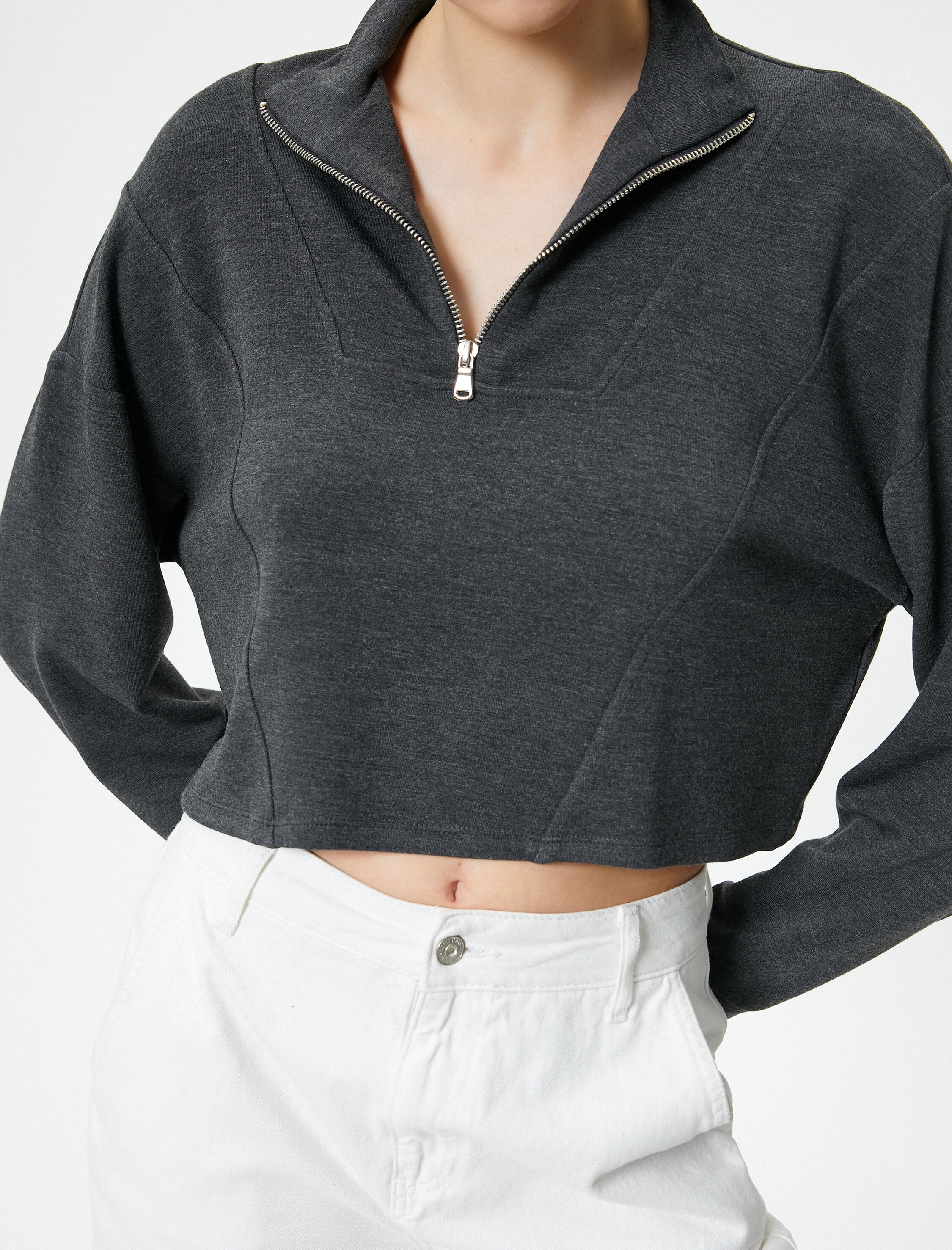   Yarım Fermuarlı Sweatshirt Crop Uzun Kollu