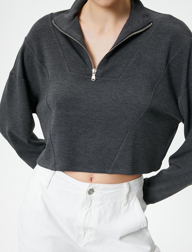 Yarım Fermuarlı Sweatshirt Crop Uzun Kollu_4