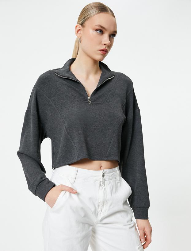 Yarım Fermuarlı Sweatshirt Crop Uzun Kollu_2