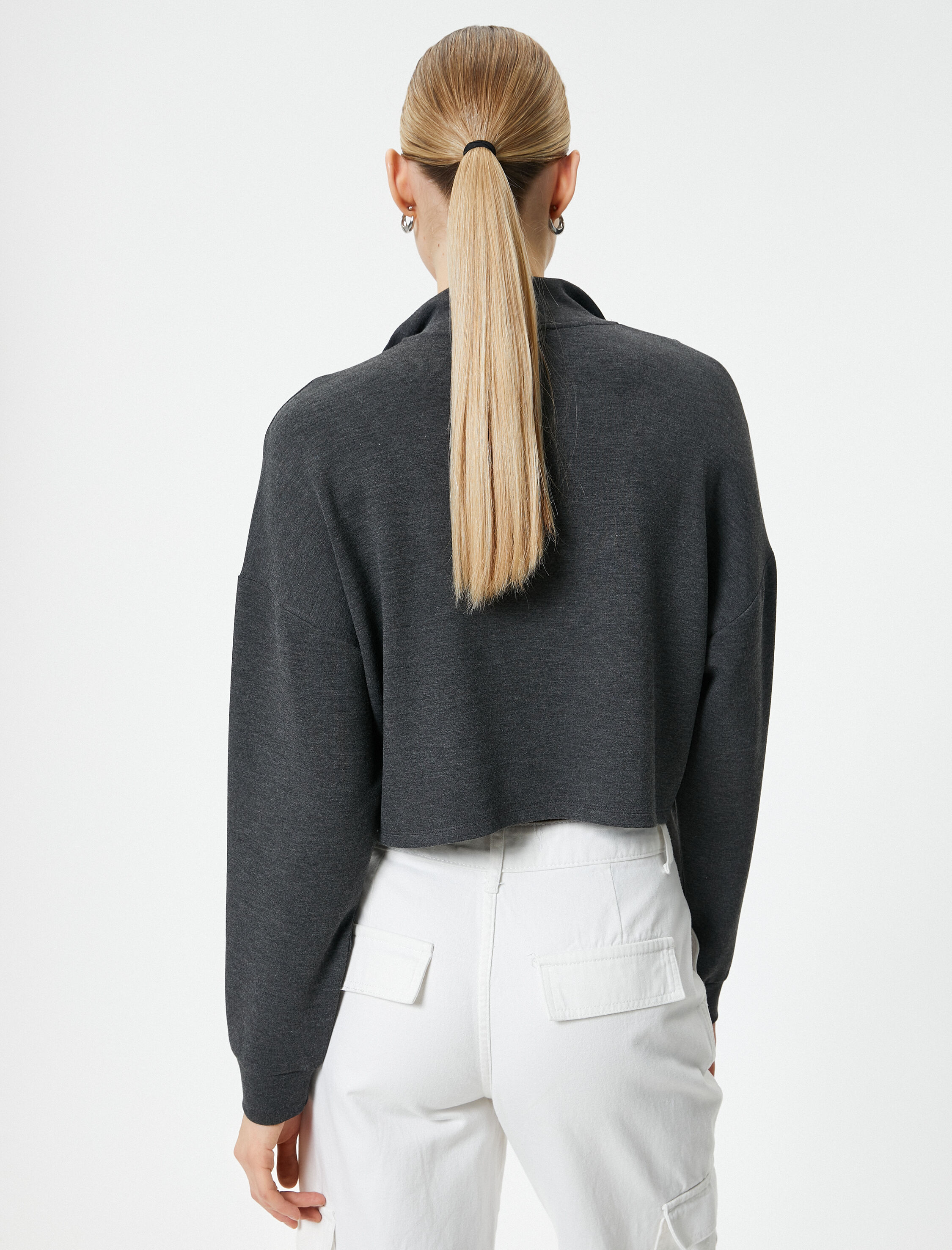   Yarım Fermuarlı Sweatshirt Crop Uzun Kollu