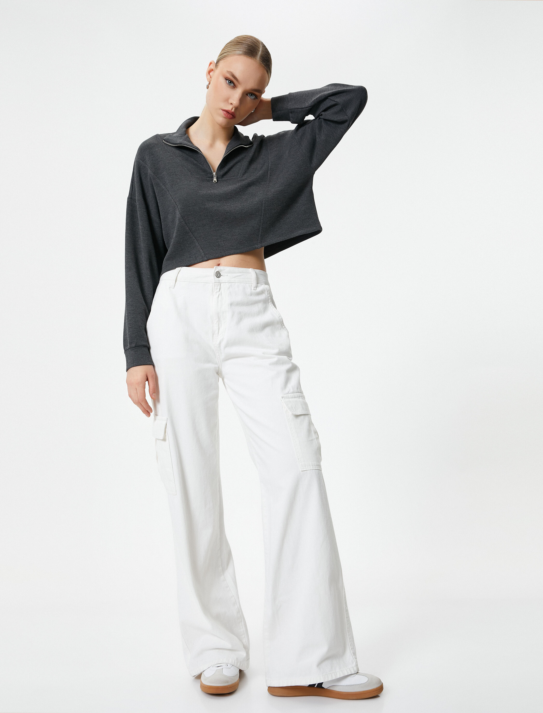   Yarım Fermuarlı Sweatshirt Crop Uzun Kollu