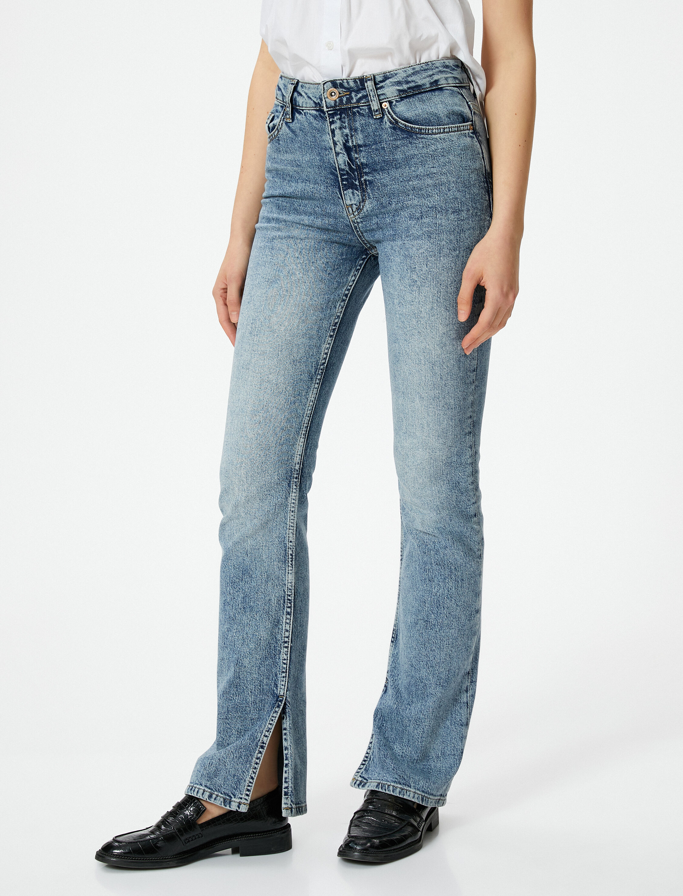   İspanyol Paça Kot Pantolon Yırtmaç Detaylı Dar Kesim Yüksek Bel - Flare Slim Jeans