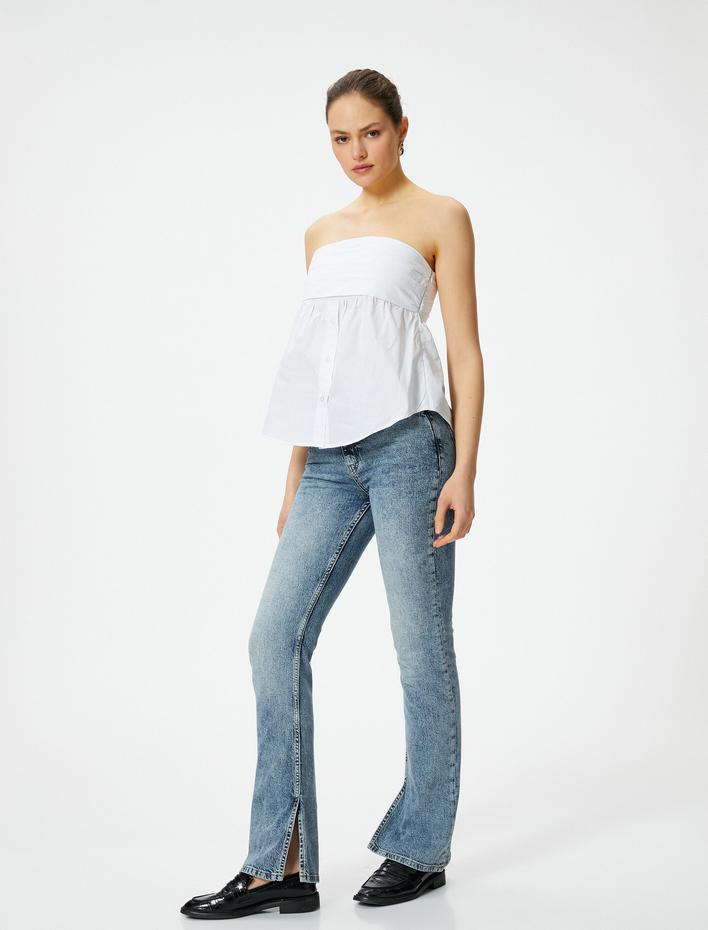  İspanyol Paça Kot Pantolon Yırtmaç Detaylı Dar Kesim Yüksek Bel - Flare Slim Jeans