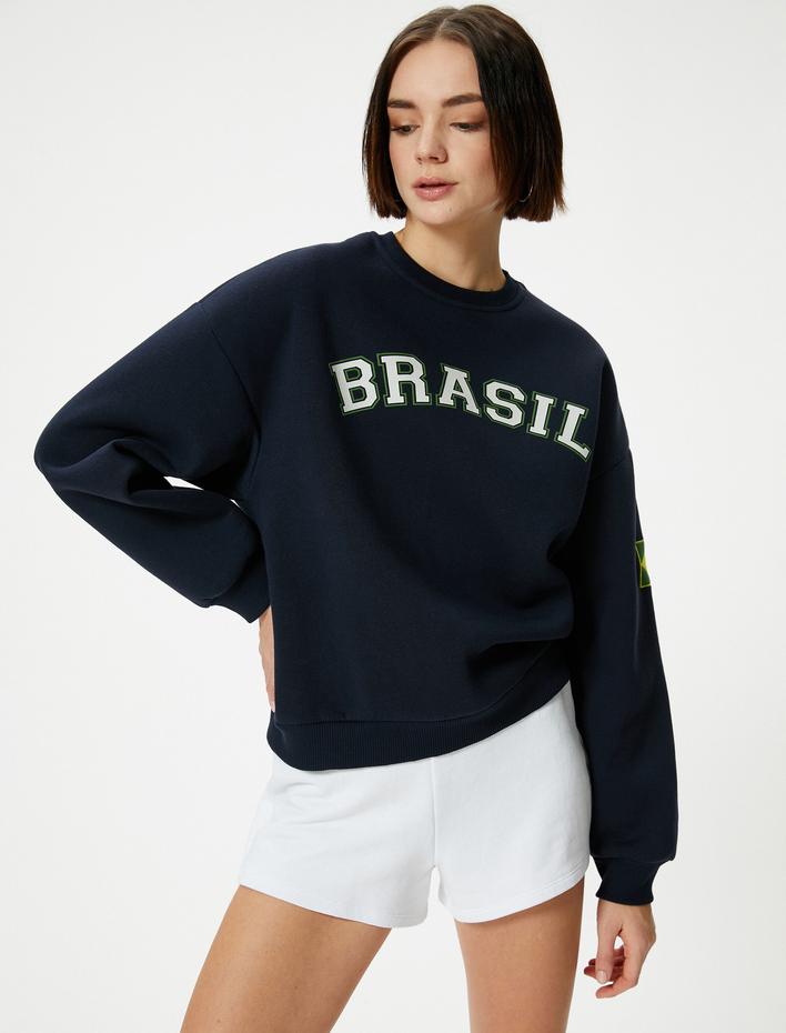  Şardonlu Brasil Sweatshirt Arkası Baskılı Uzun Kollu Bisiklet Yaka