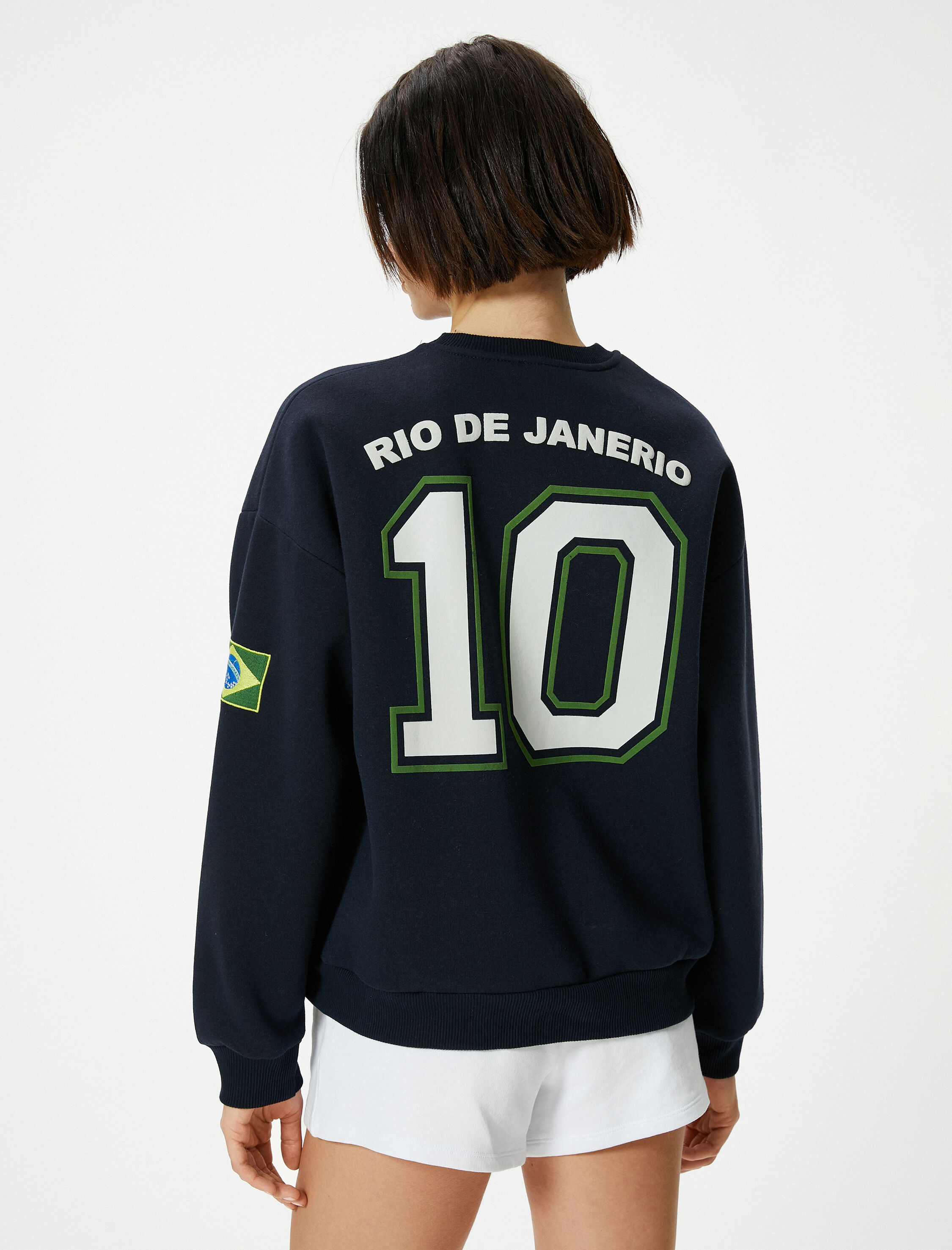   Şardonlu Brasil Sweatshirt Arkası Baskılı Uzun Kollu Bisiklet Yaka