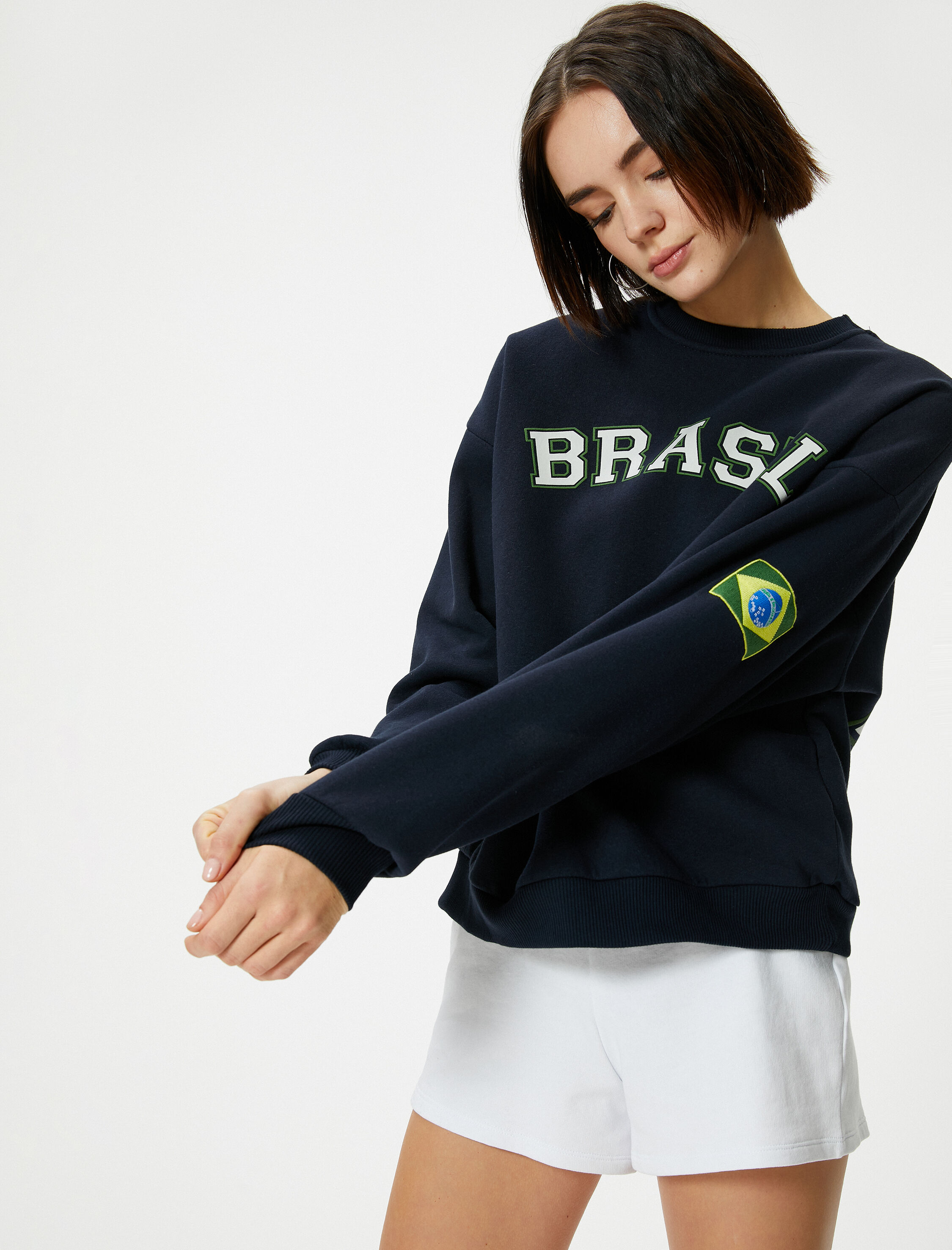  Şardonlu Brasil Sweatshirt Arkası Baskılı Uzun Kollu Bisiklet Yaka