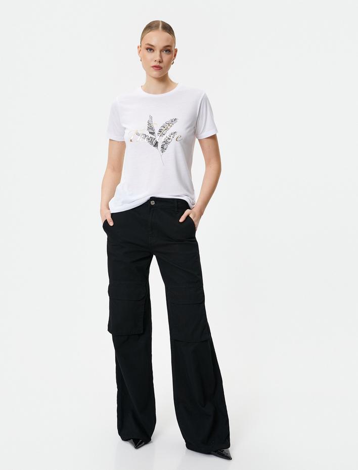  Baskılı Tişört Bisiklet Yaka Kısa Kollu Viskon Karışımlı