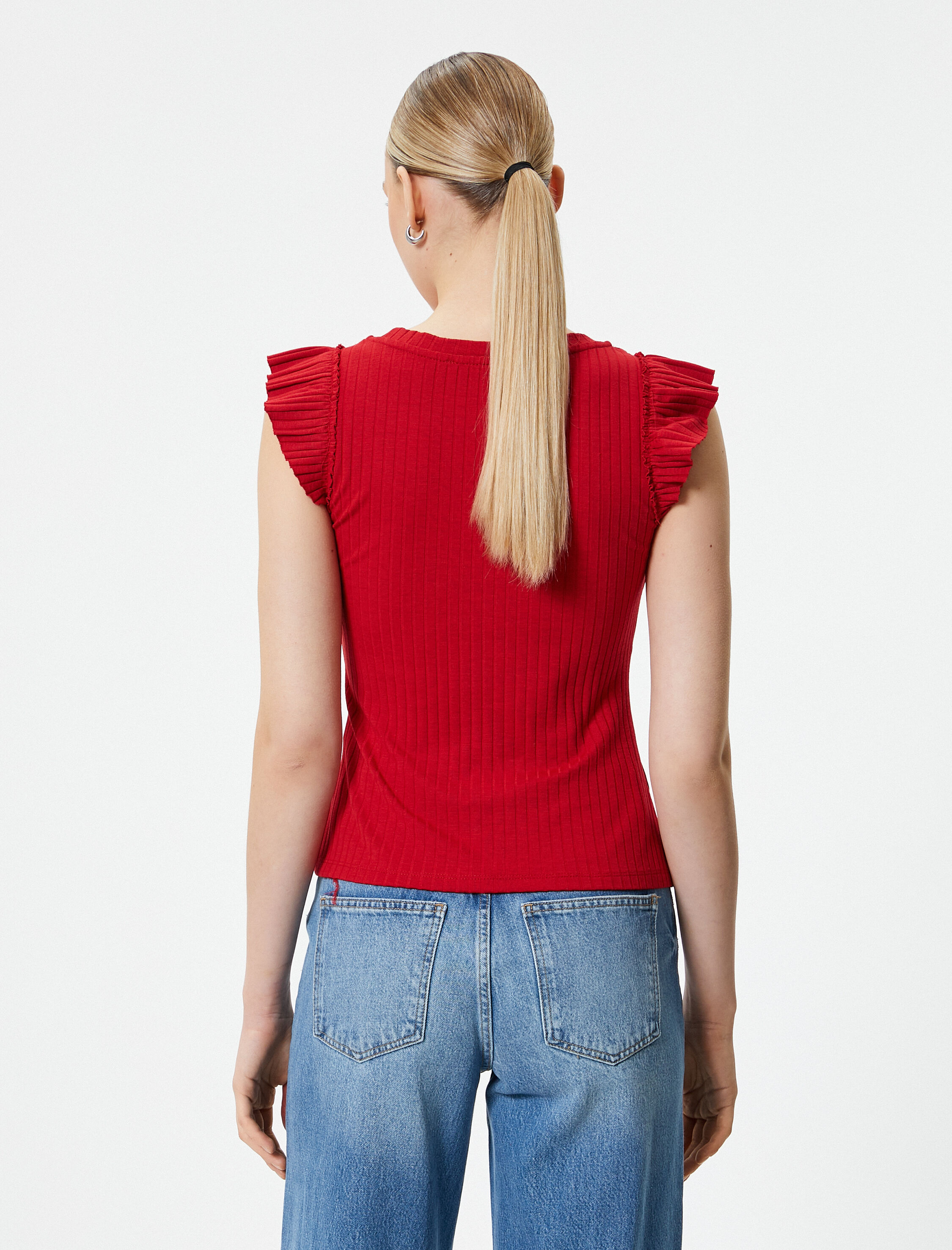   Fitilli Atlet U Yaka Kolları Fırfırlı Viskon Karışımlı