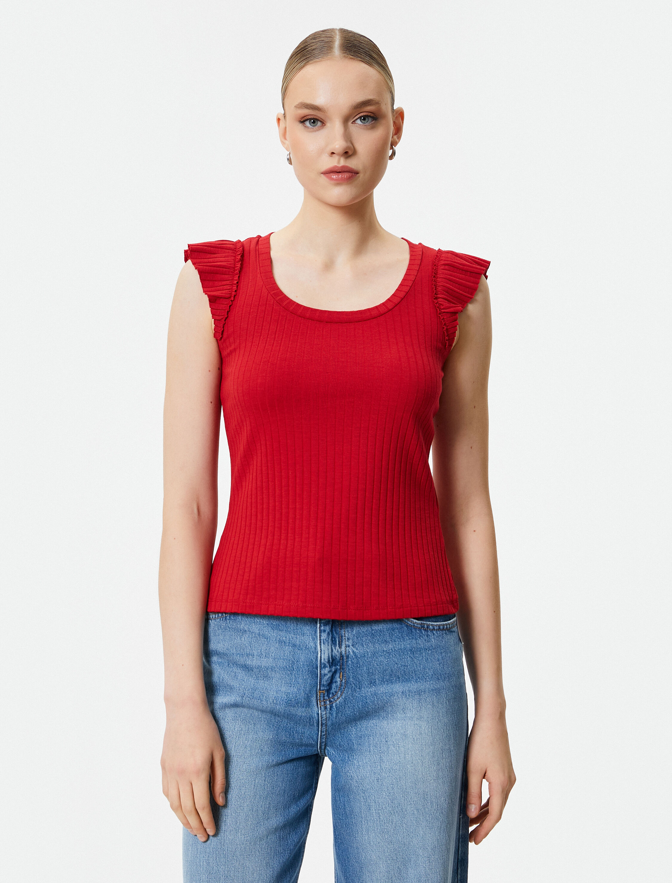   Fitilli Atlet U Yaka Kolları Fırfırlı Viskon Karışımlı