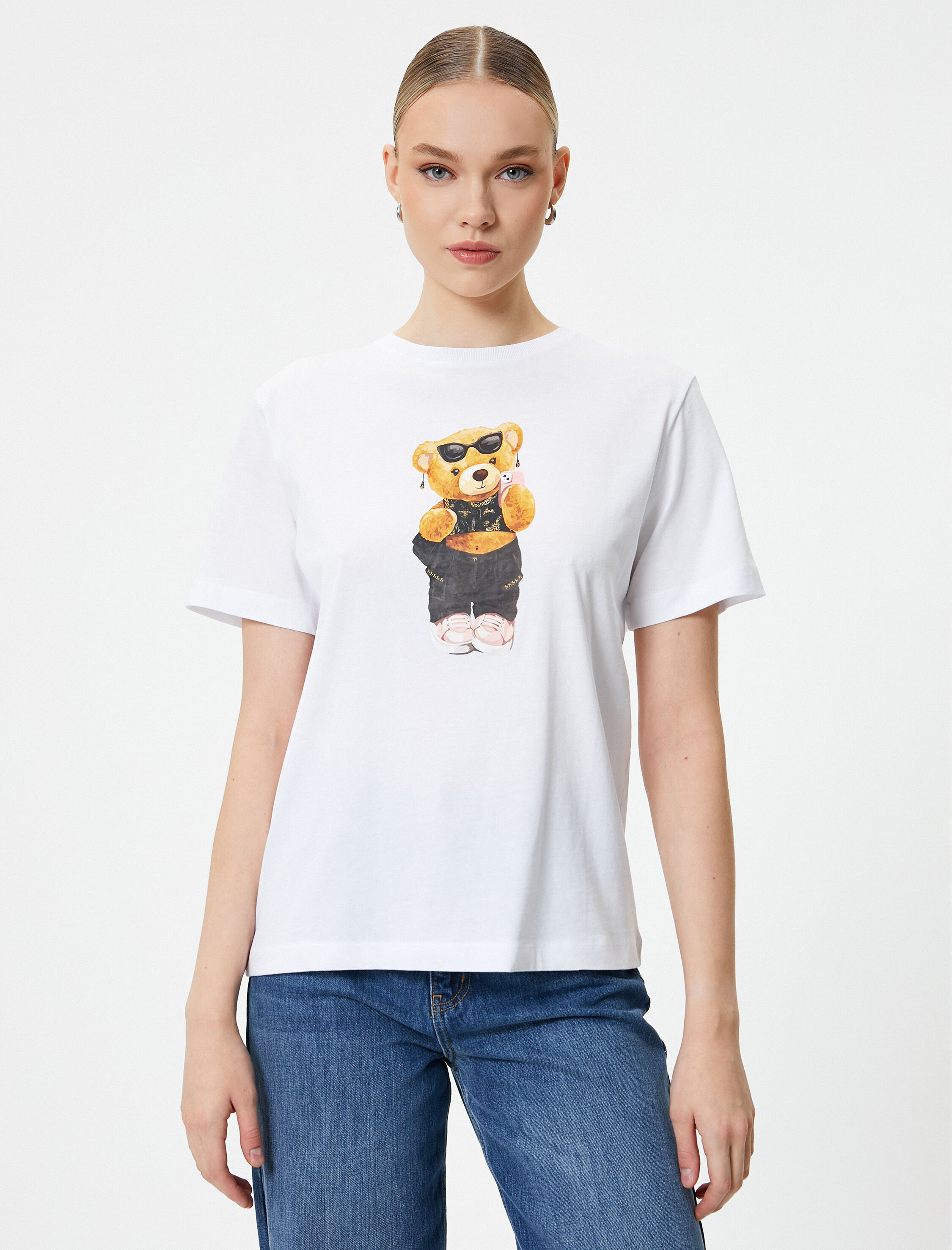   Ayıcık Baskılı Tişört Bisiklet Yaka Kısa Kollu Pamuklu