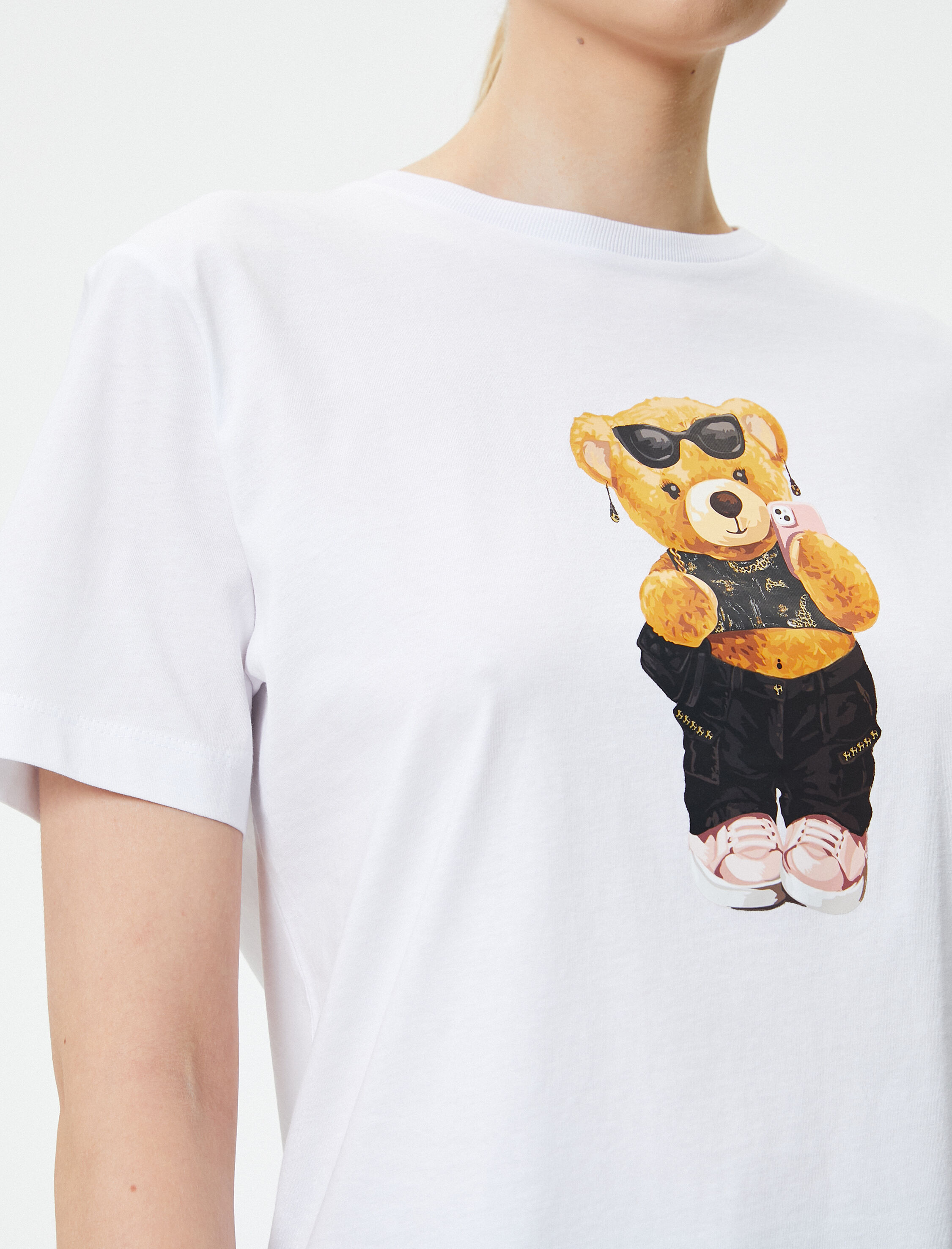   Ayıcık Baskılı Tişört Bisiklet Yaka Kısa Kollu Pamuklu