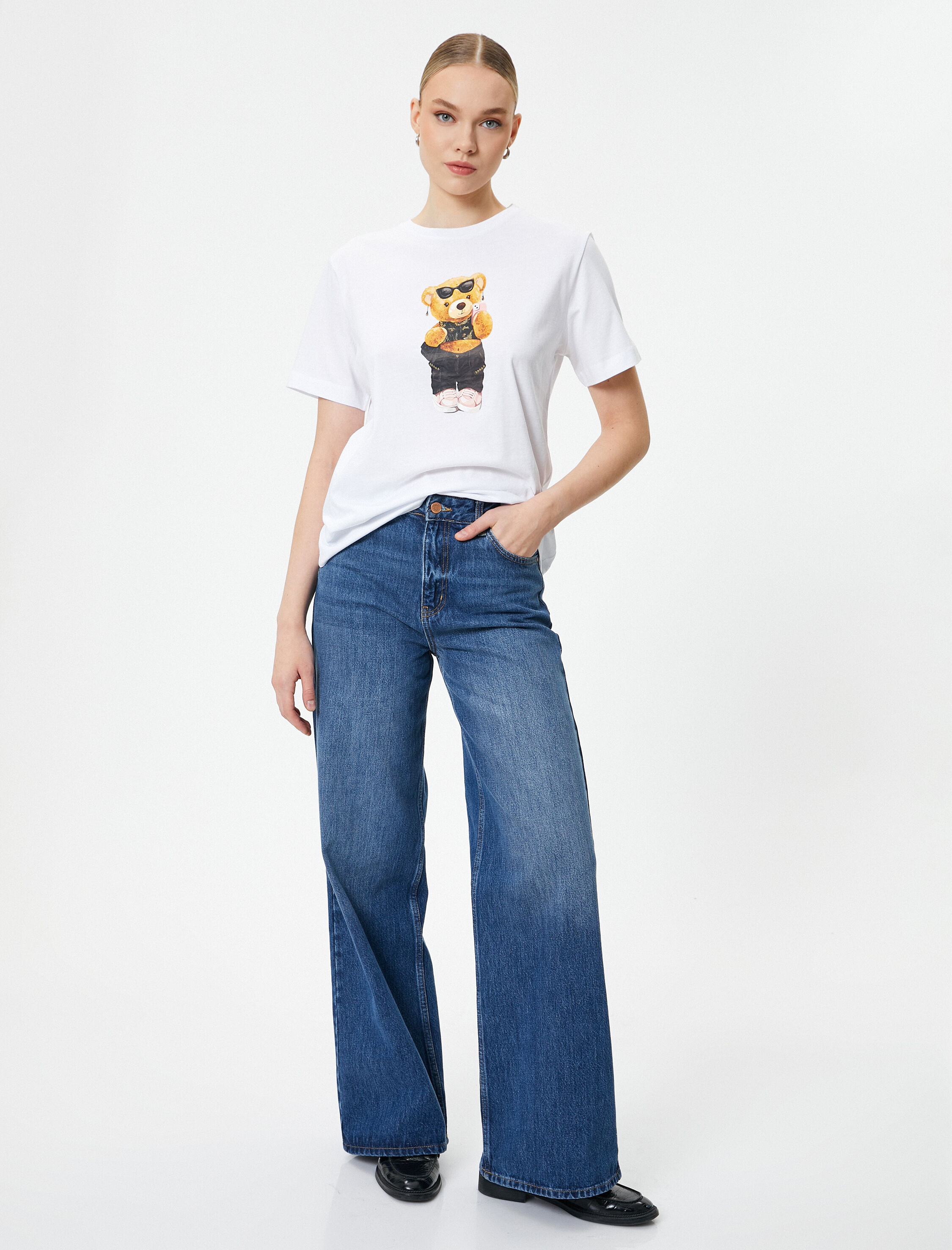   Ayıcık Baskılı Tişört Bisiklet Yaka Kısa Kollu Pamuklu