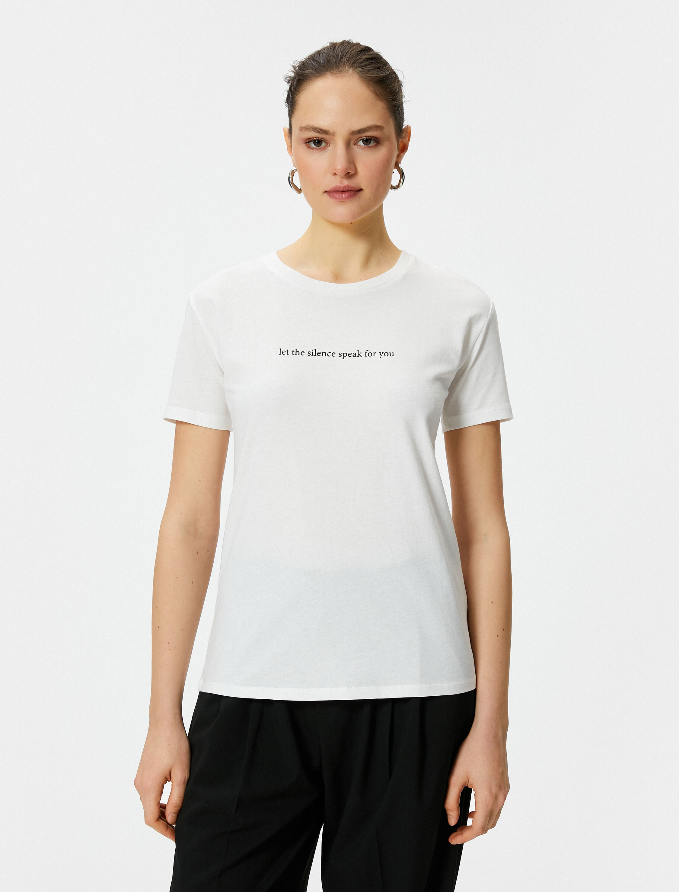   Slogan Baskılı Bisiklet Yaka Kısa Kollu Pamuklu