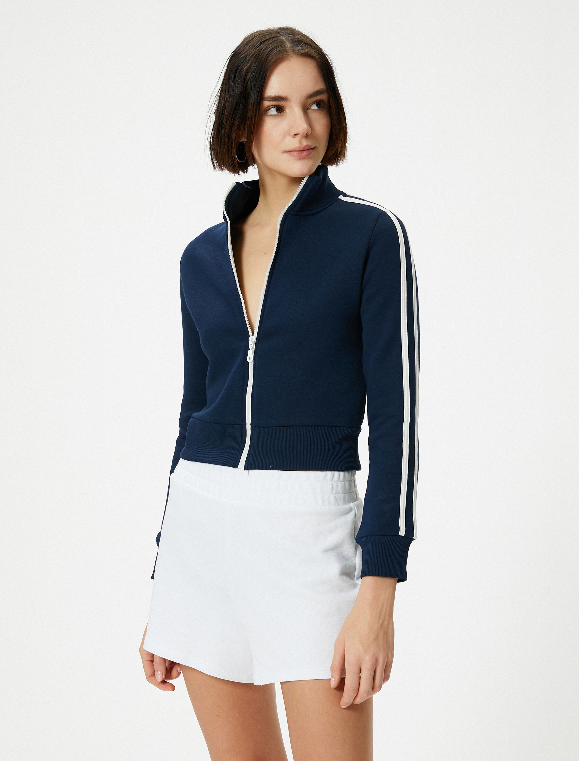   Şardonlu Fermuarlı Sweatshirt Crop Dik Yaka Uzun Kollu Çizgili