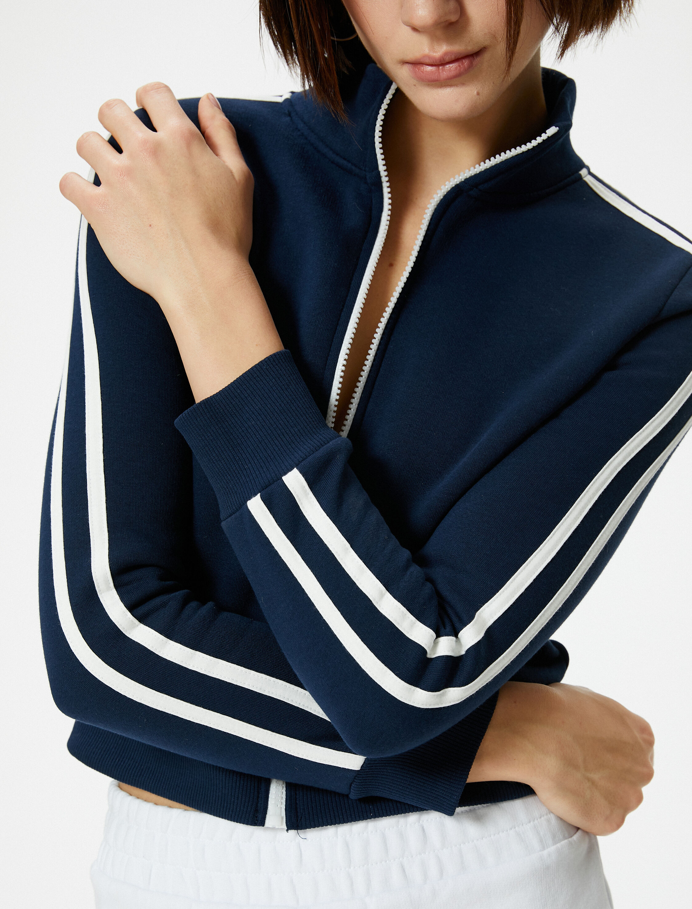   Şardonlu Fermuarlı Sweatshirt Crop Dik Yaka Uzun Kollu Çizgili