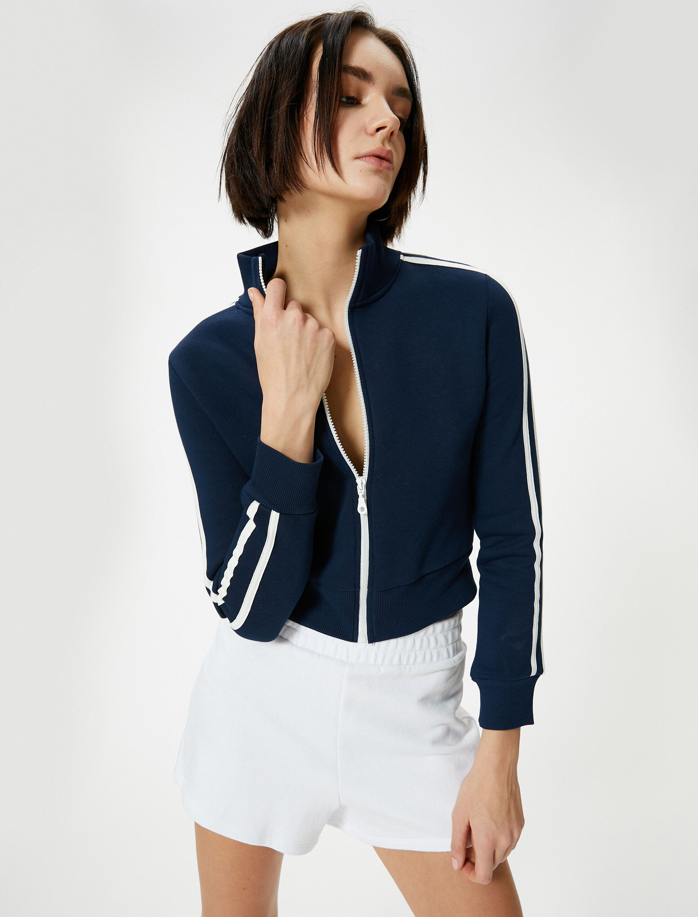   Şardonlu Fermuarlı Sweatshirt Crop Dik Yaka Uzun Kollu Çizgili