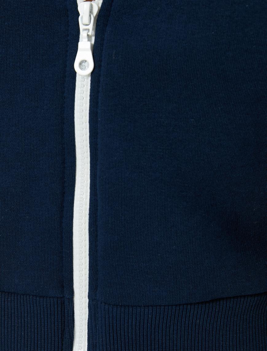   Fermuarlı Sweatshirt Crop Dik Yaka Uzun Kollu Çizgili