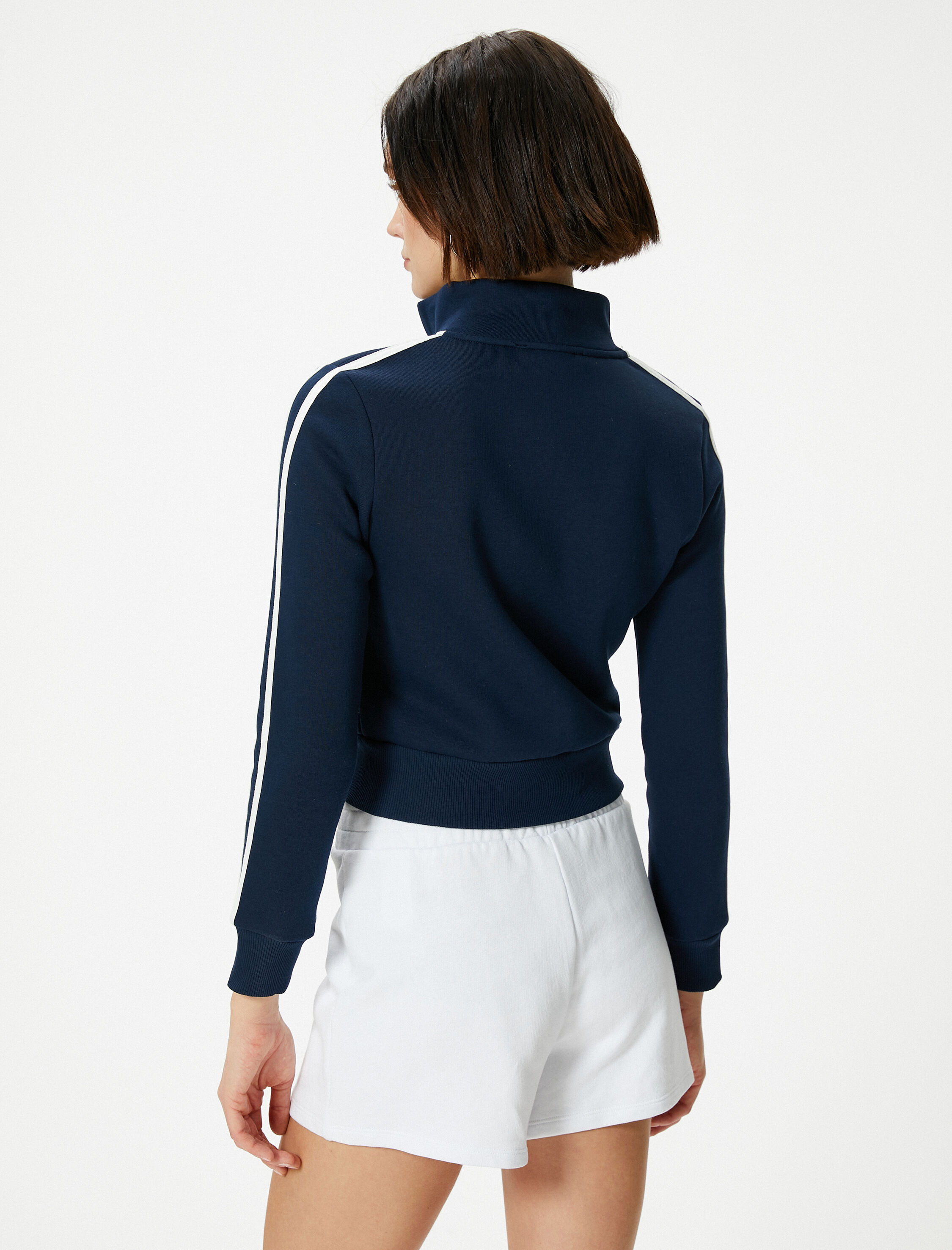   Şardonlu Fermuarlı Sweatshirt Crop Dik Yaka Uzun Kollu Çizgili