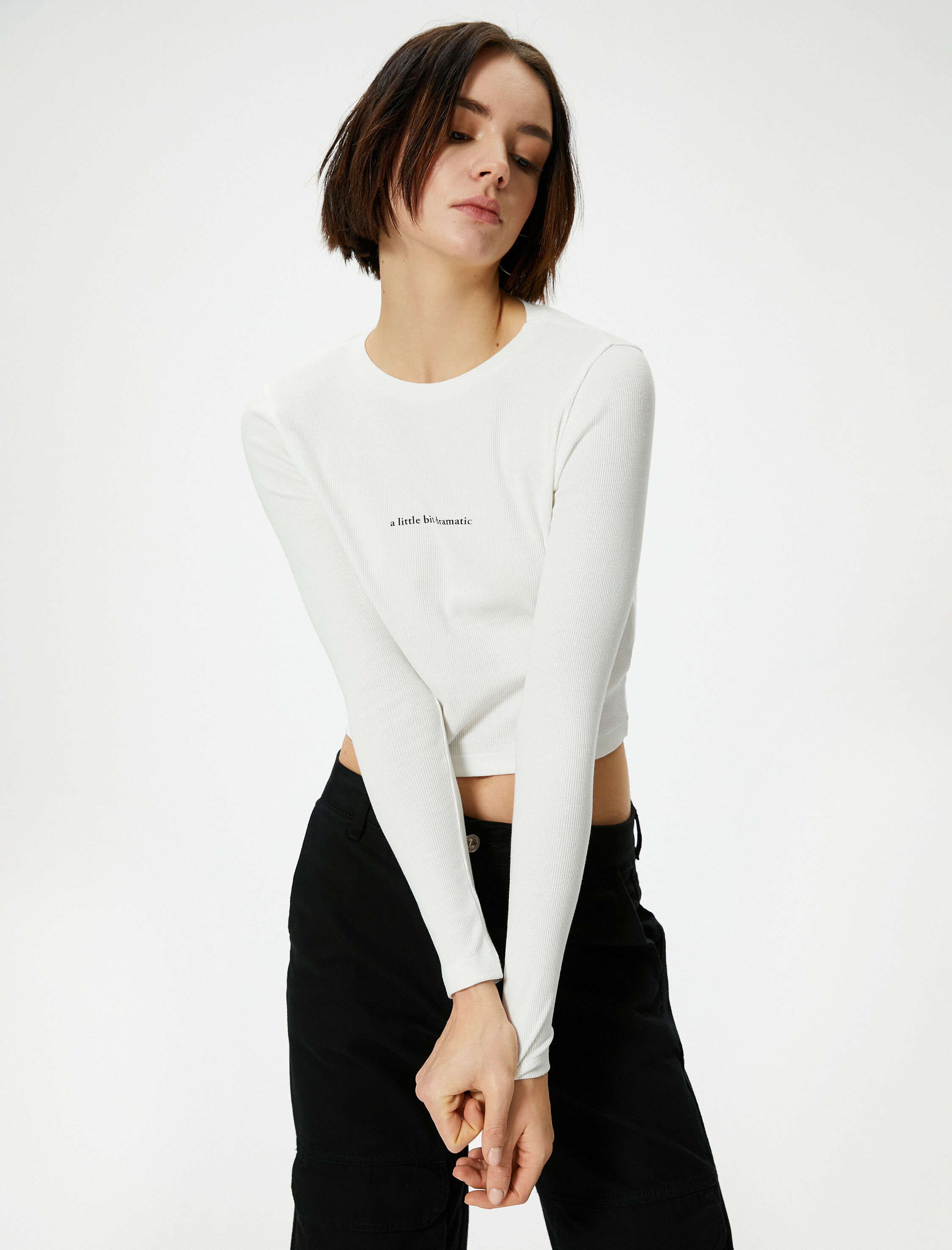   Uzun Kollu Tişört Crop Ribanalı Baskı Detaylı Bisiklet Yaka Pamuklu