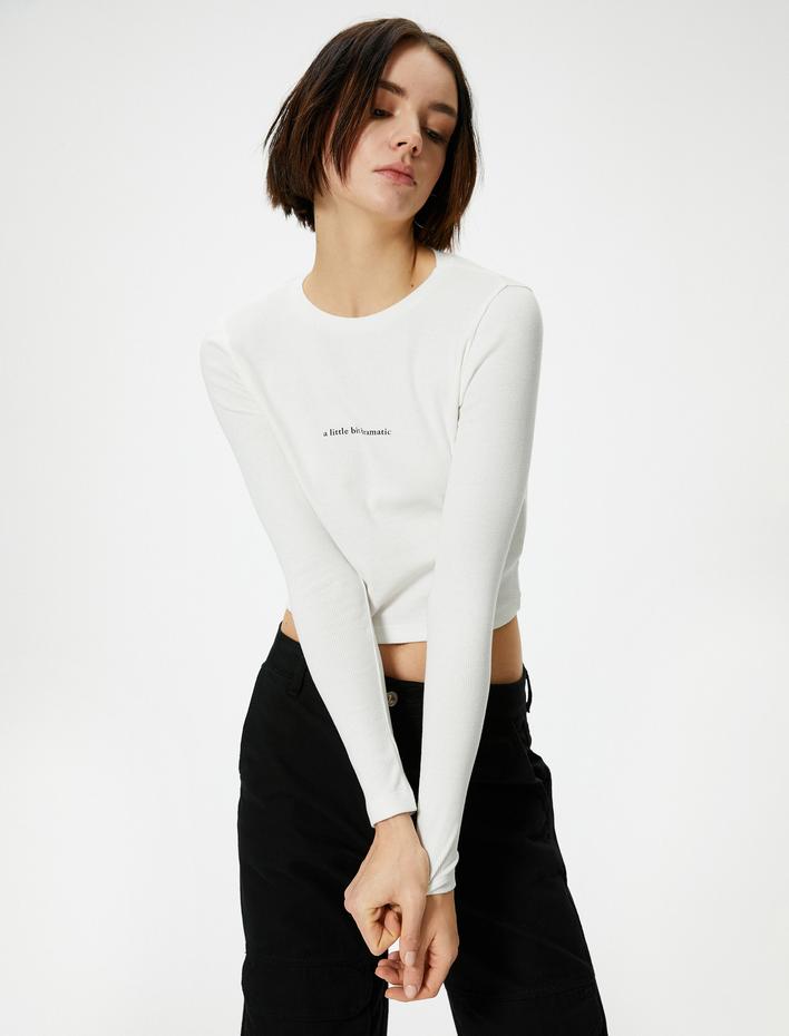  Uzun Kollu Tişört Crop Ribanalı Baskı Detaylı Bisiklet Yaka Pamuklu