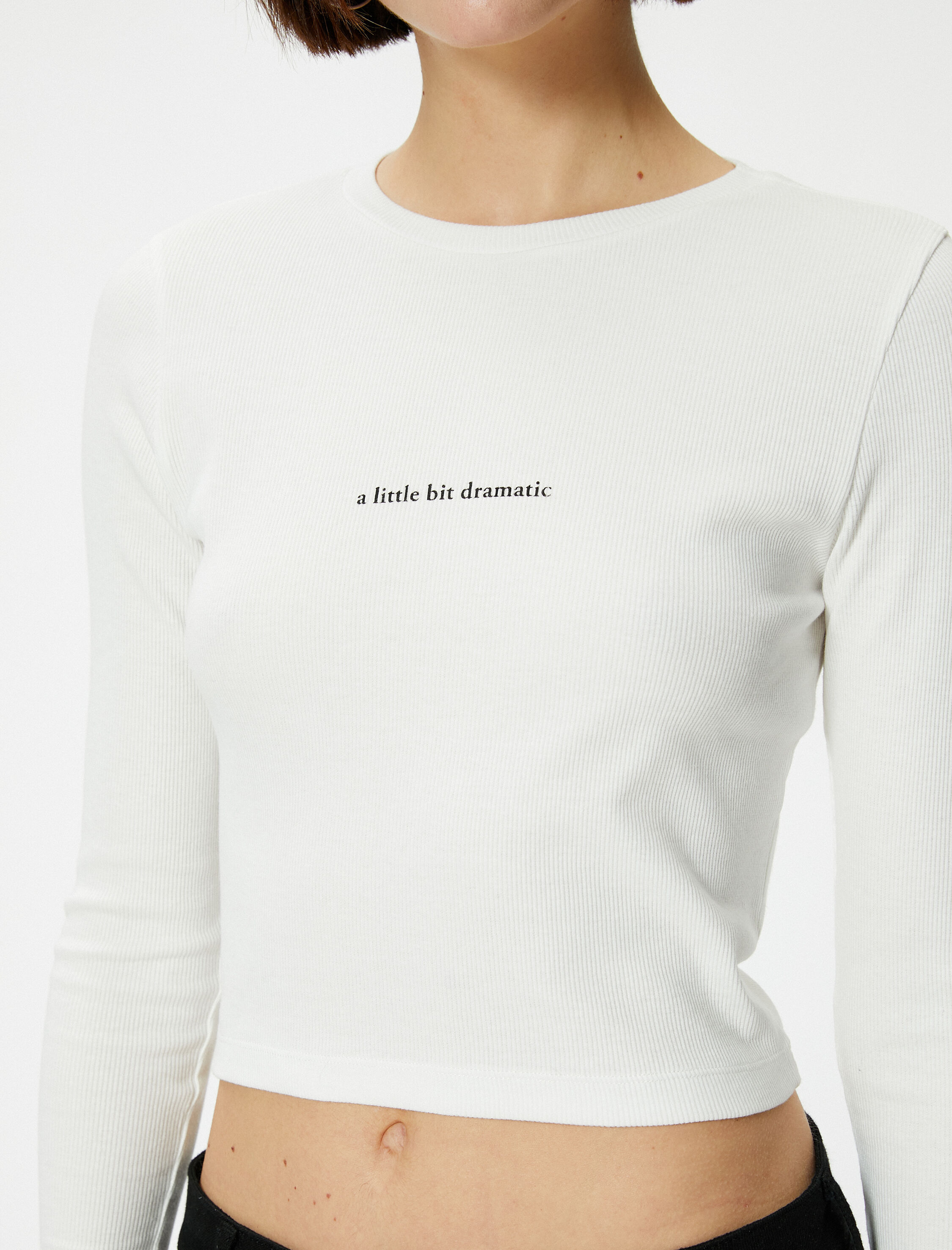   Uzun Kollu Tişört Crop Ribanalı Baskı Detaylı Bisiklet Yaka Pamuklu