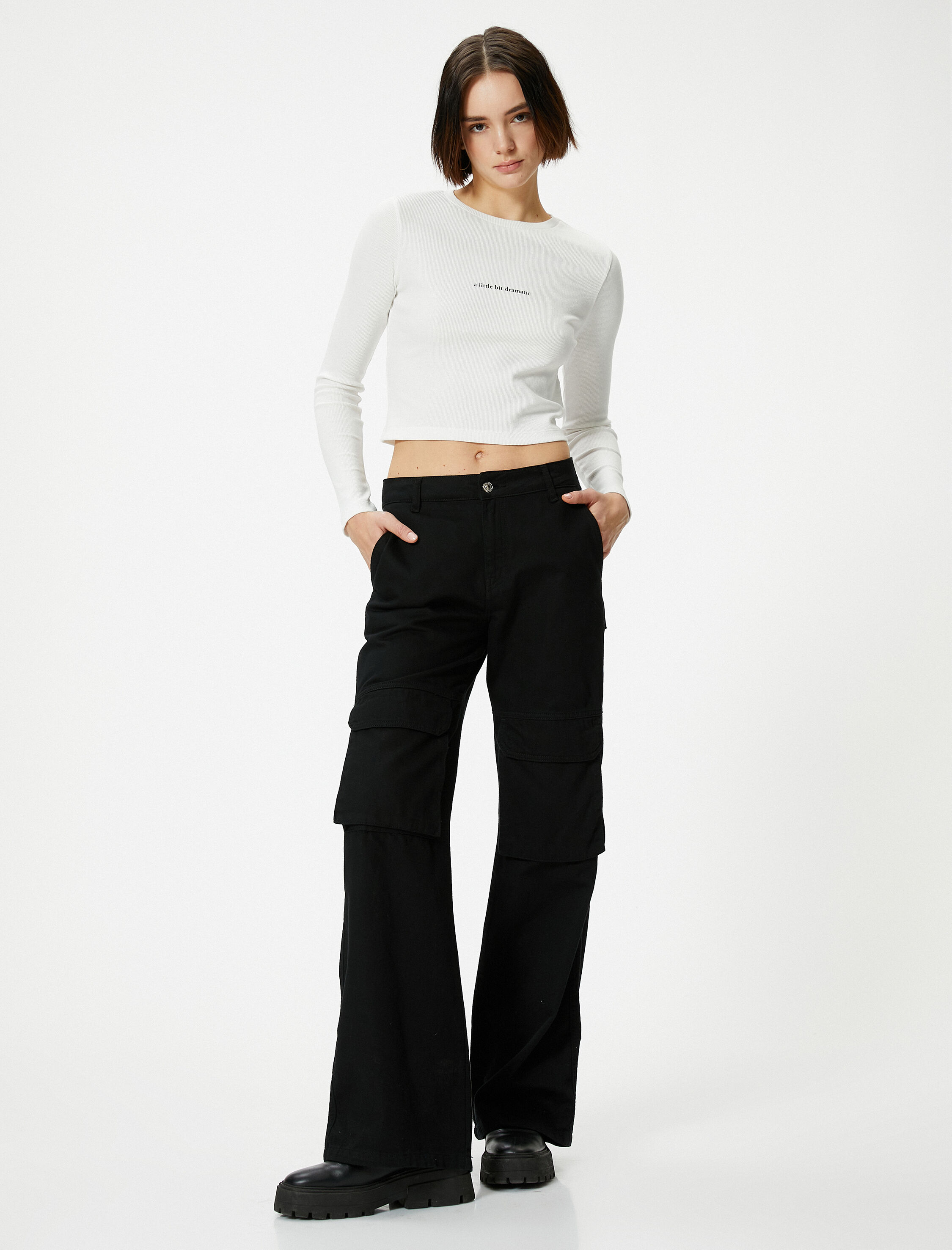   Uzun Kollu Tişört Crop Ribanalı Baskı Detaylı Bisiklet Yaka Pamuklu