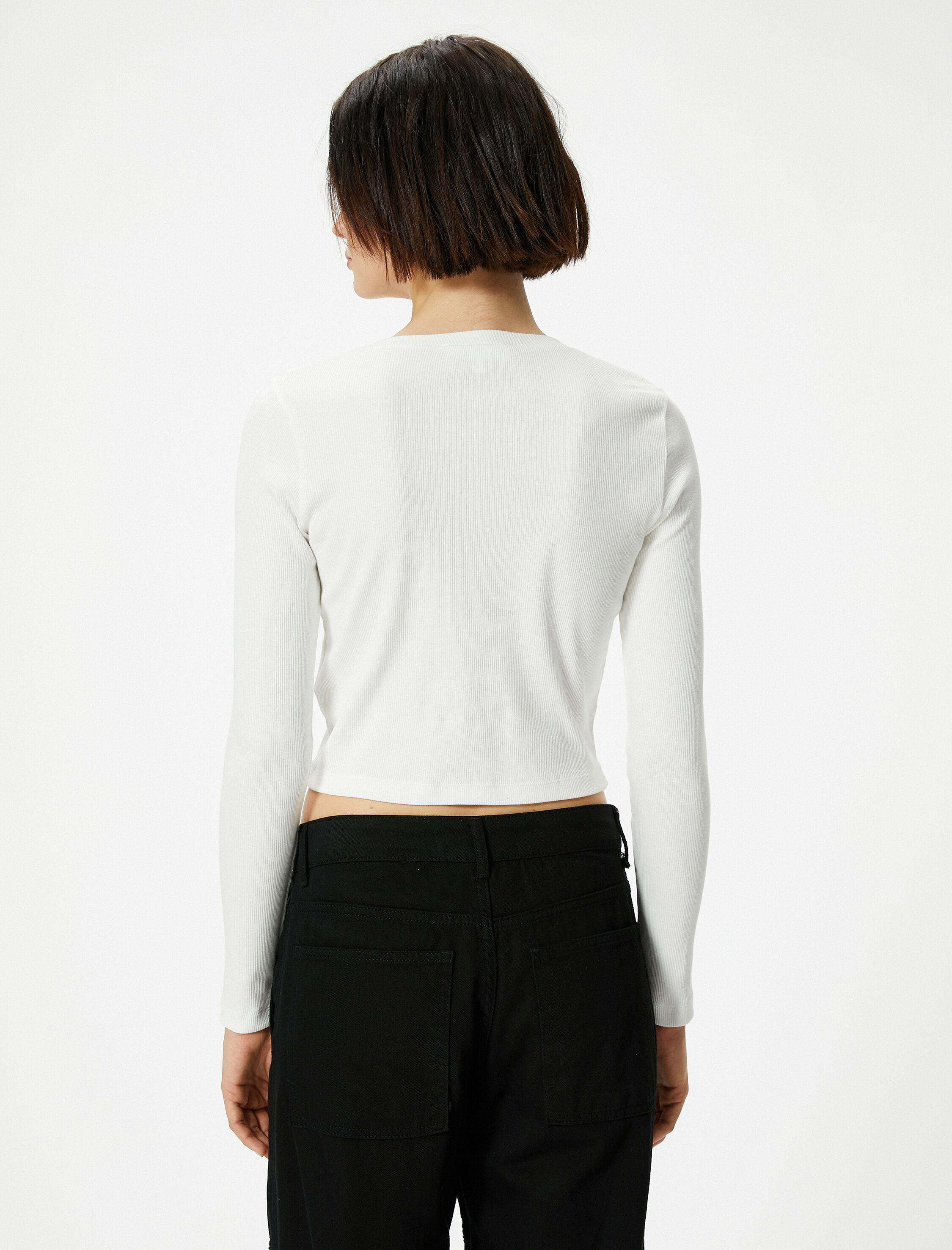   Uzun Kollu Tişört Crop Ribanalı Baskı Detaylı Bisiklet Yaka Pamuklu